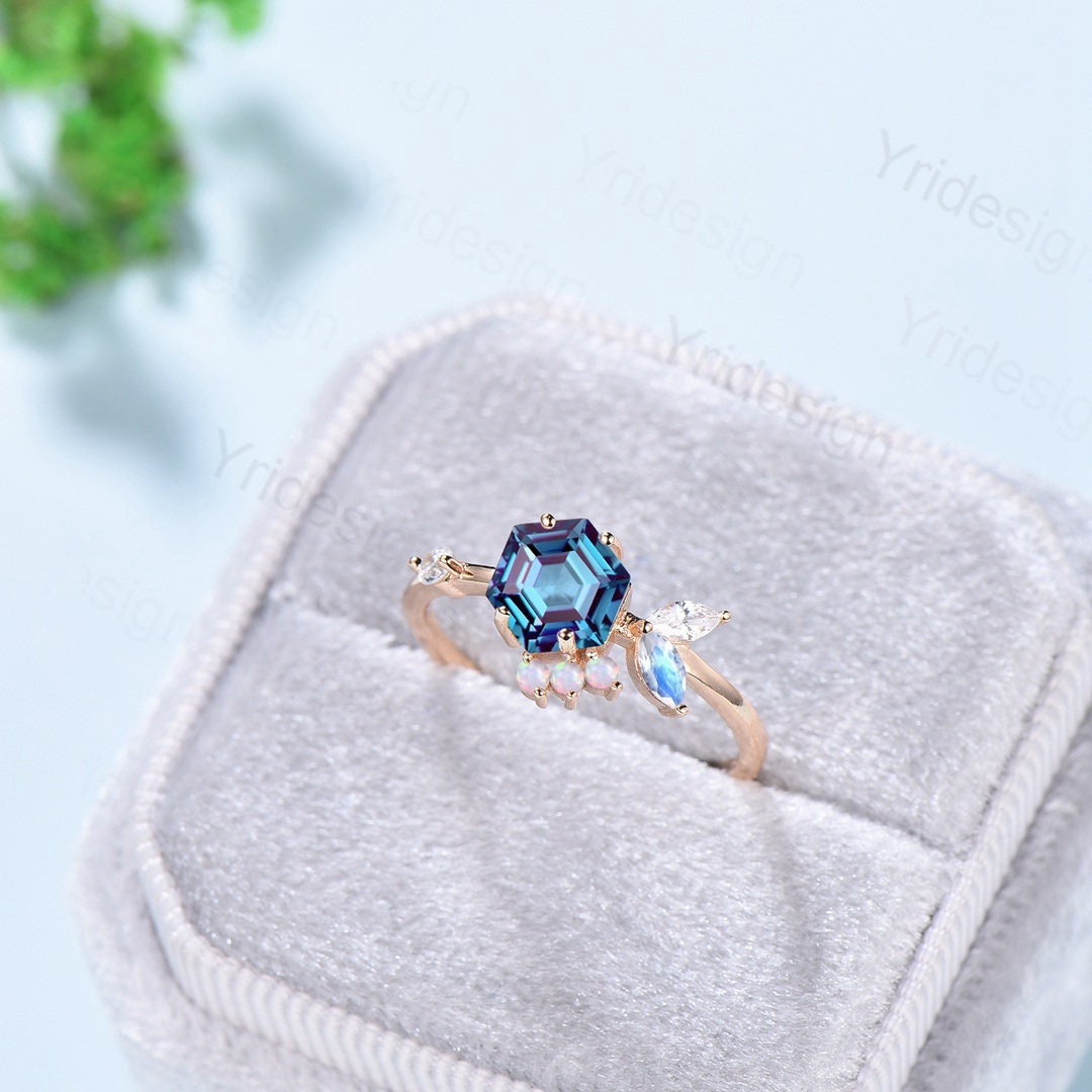 Vintage Hexagon Alexandrite Cluster Opal Moonstone Wedding Ring for Women - Art Deco Fish Silver Gold Moissanite Bridal Ring - Perfect for Engagement, Anniversary & Special Occasion Gifts