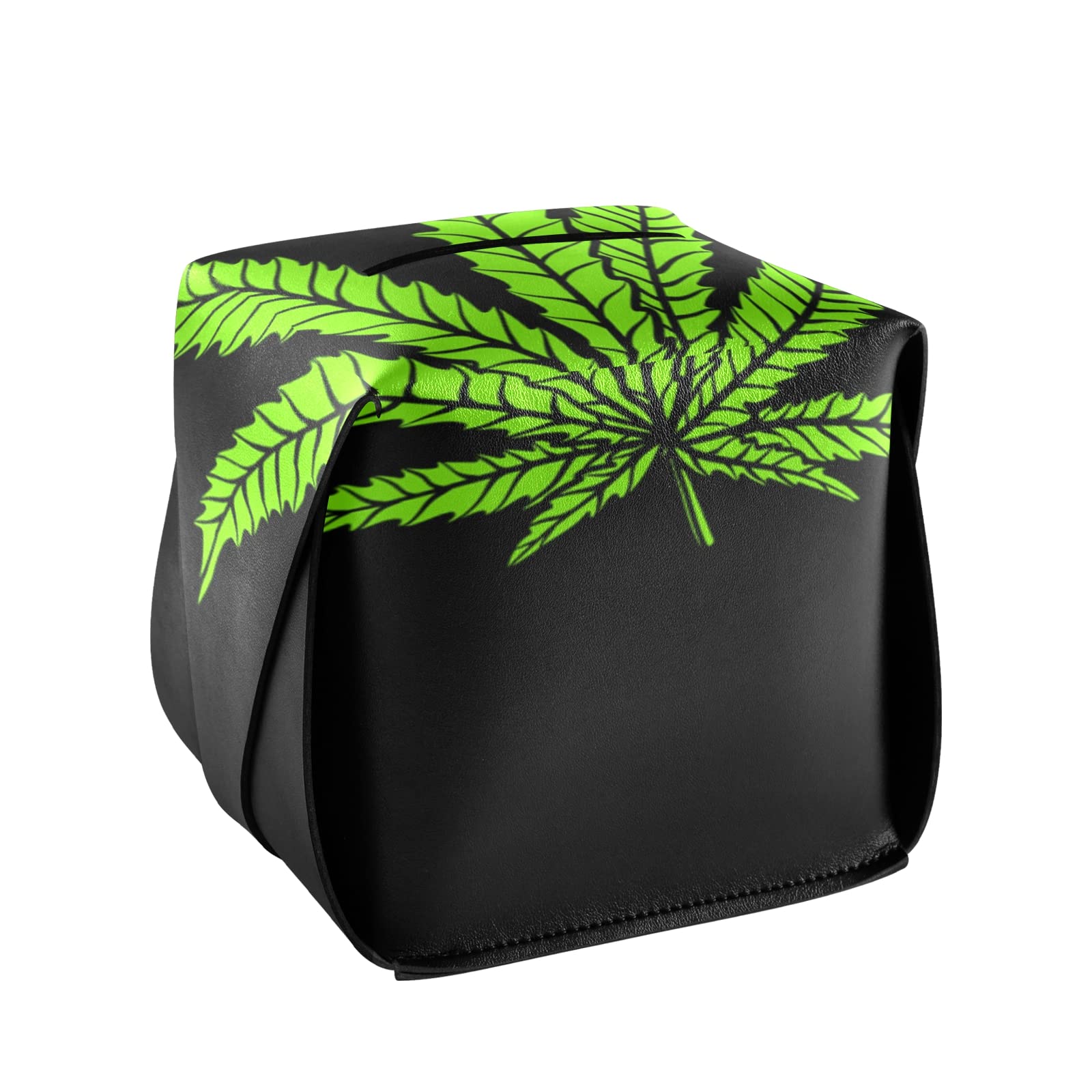 Premium Black Leather Tissue Box Cover with Green Cannabis Leaf Design - 5.7x5.7x5.7 Inch Seamless Square Holder for Bathroom, Nightstand, Vanity, Office & Car - Stylish Home Decor Accessory with Convenient Handle