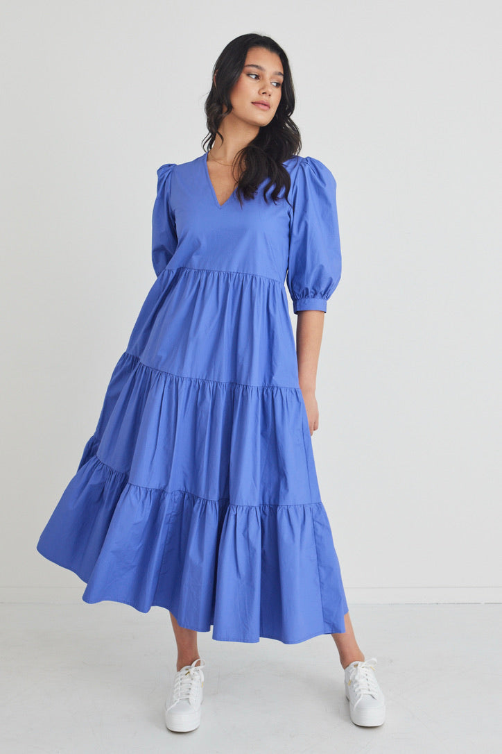 Clarity Periwinkle Puff Sleeve Tiered Maxi Dress for Women - Elegant Summer Beach Wedding Party Dress