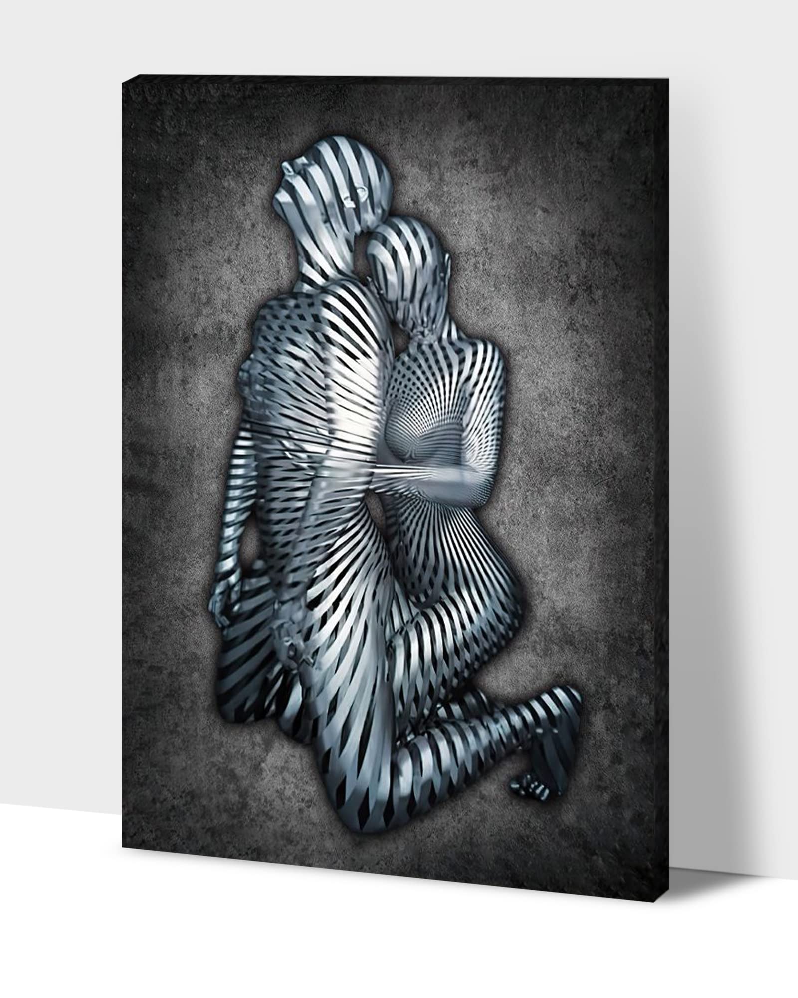 3D Metal Heart Wall Art - Gray Hugging Couple Canvas Print for Bedroom & Living Room Decor - Valentine's Day Gift for Couples (28x40 Inches) - Perfect for Anniversary, Wedding & Romantic Home Decor