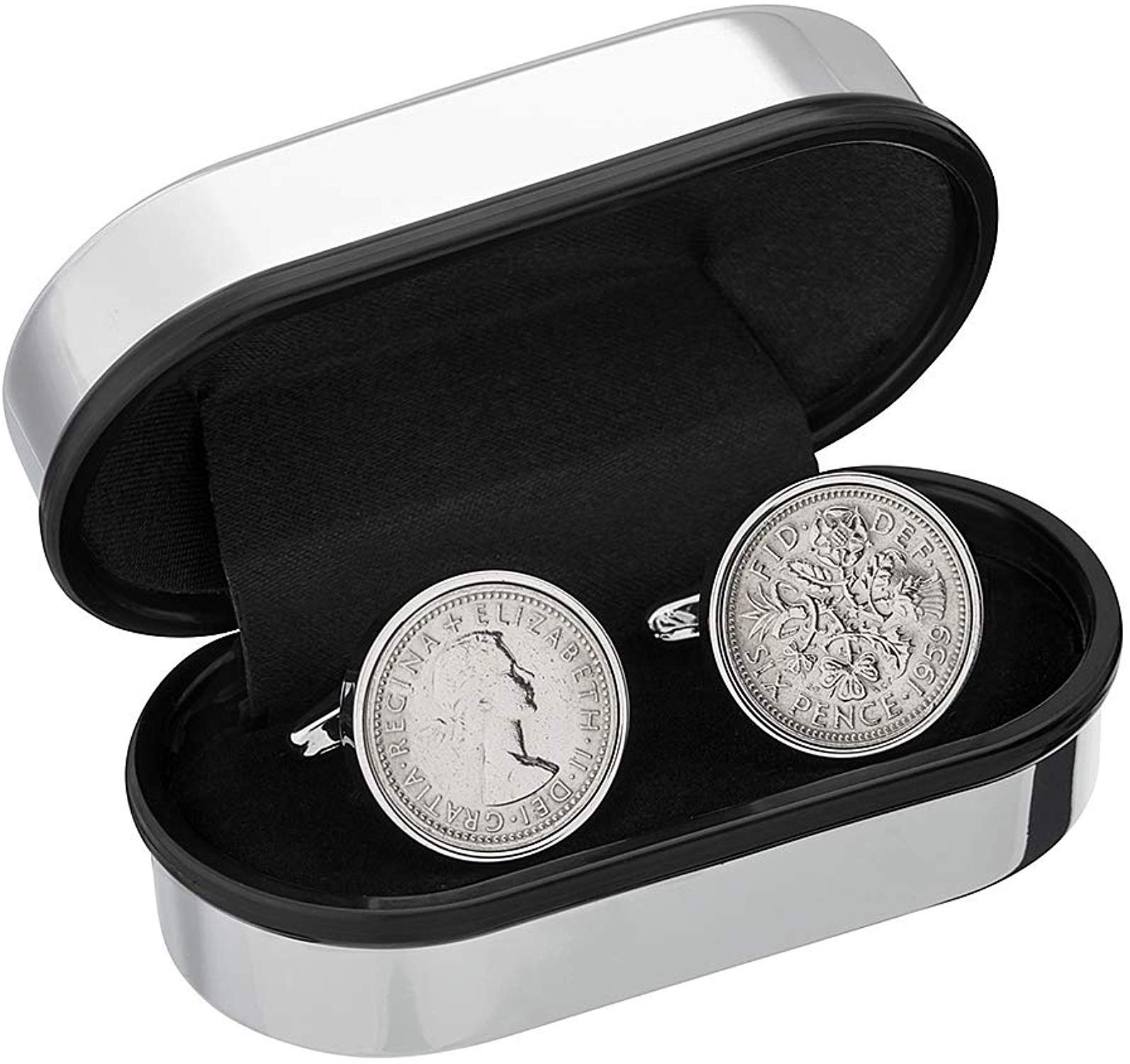 Rhodium Plated 1964 Commemorative Cufflinks with Genuine English Sixpence Coin - Perfect for Birthdays, Anniversaries & Formal Events