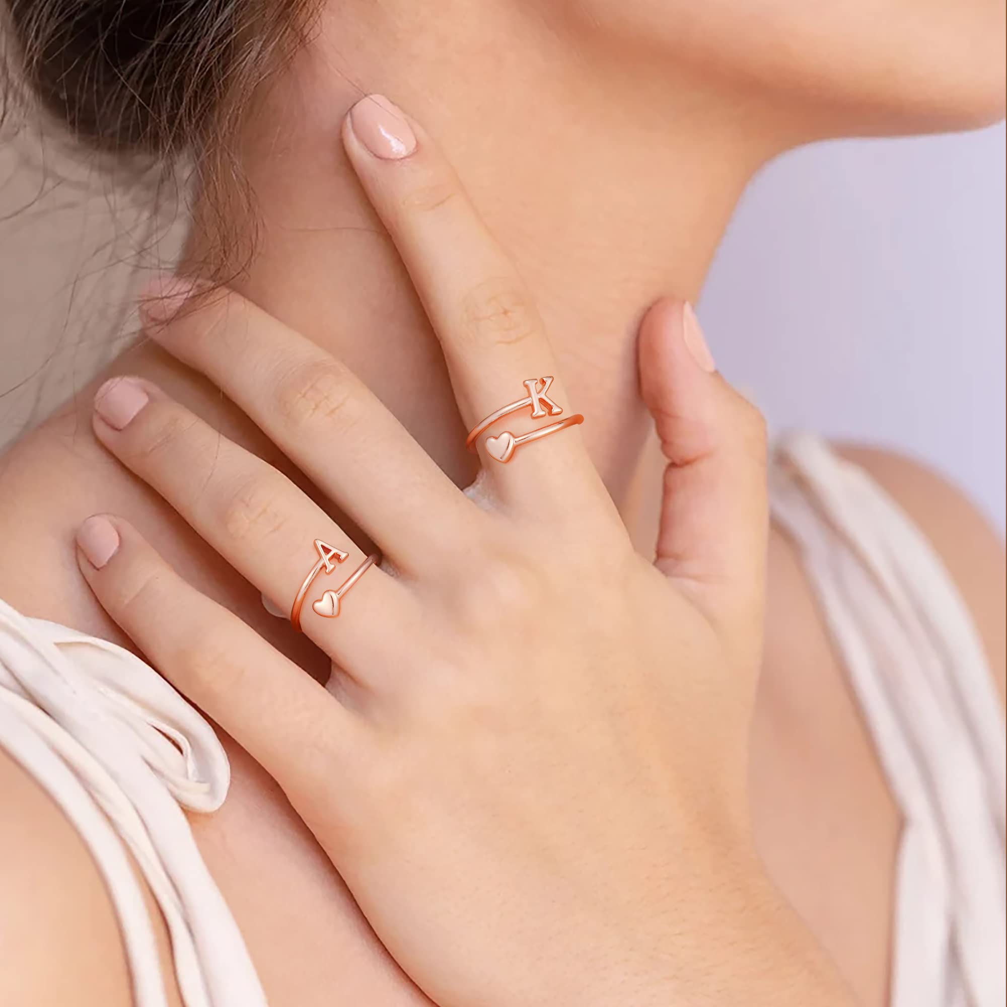 Heart Initial Rings for Women & Teen Girls - Adjustable Stackable Cute Heart Letter Rings - Perfect for Valentine's Day Gifts, Birthday Presents & Everyday Fashion Jewelry