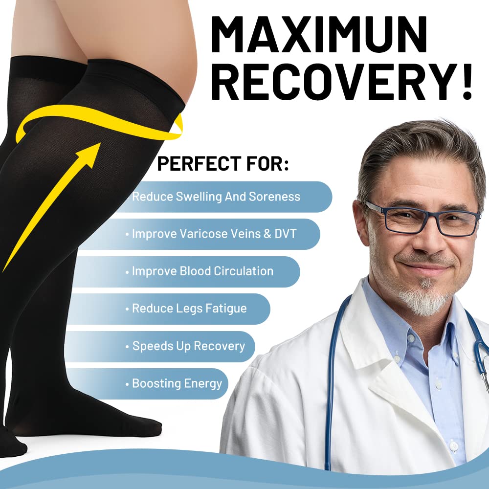 AKSO MEDICOS 20-30 mmHg Compression Socks for Women & Men - Plus Size Wide Calf Knee High Support Stockings for Varicose Veins, Swelling, Edema & Circulation - Black 7XL - Ideal for Travel, Nursing & Long Hours Standing