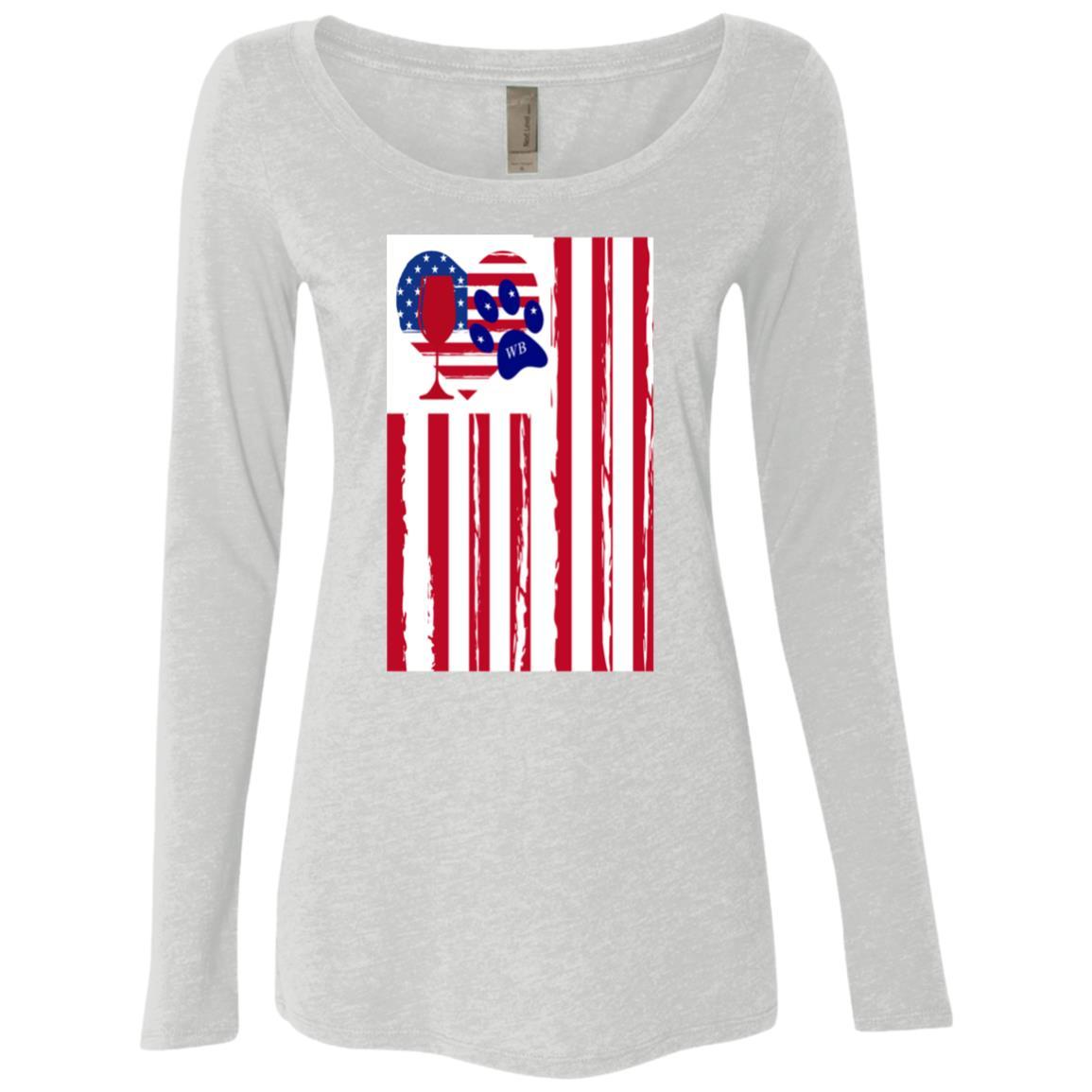 American Flag Wine Glass - Patriotic Heart Paw Print Design for Women | Long Sleeve Scoop Neck Triblend Shirt | Perfect for 4th of July, Memorial Day & Girls Night Out
