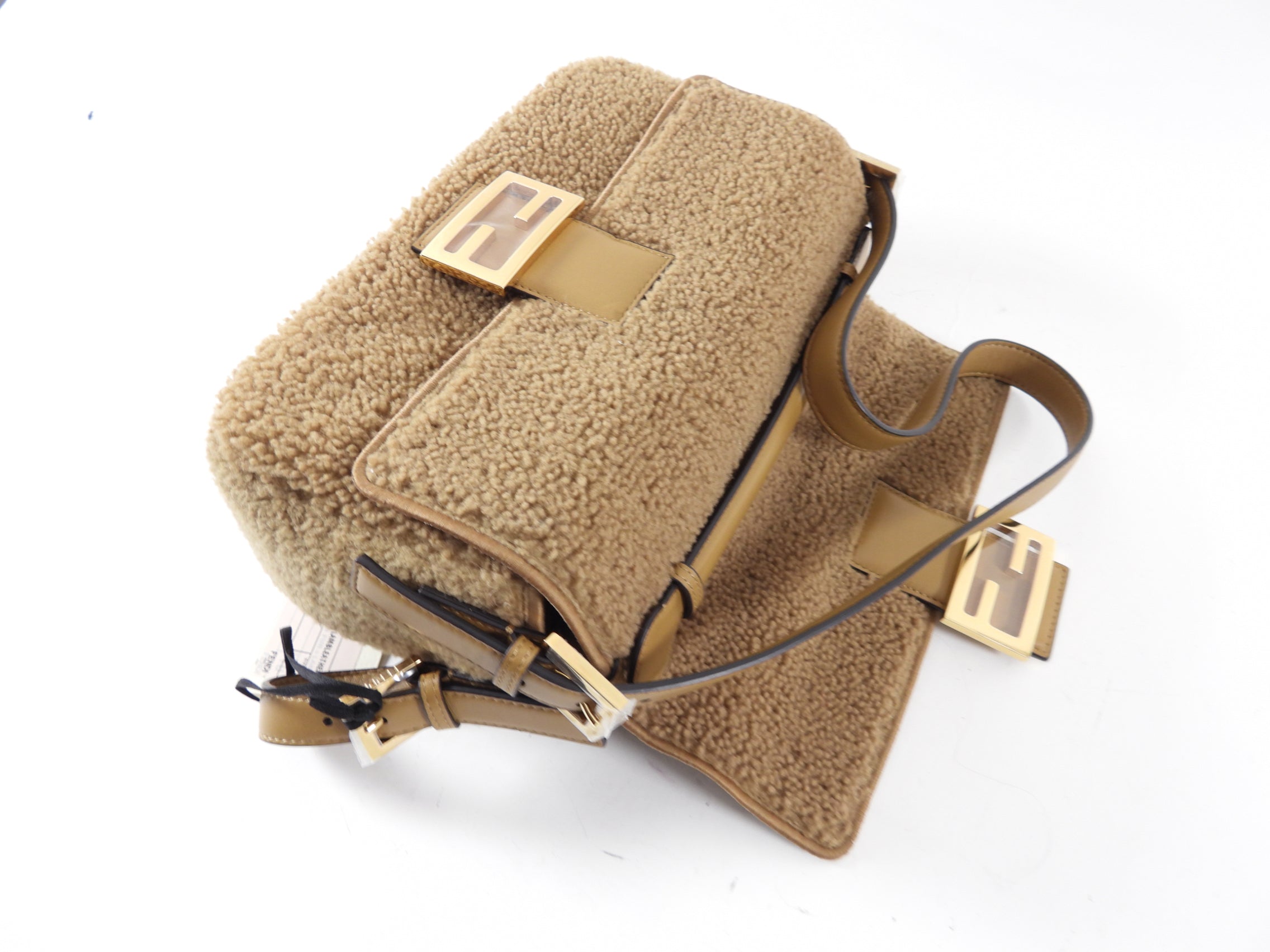 Fendi Brown Shearling Double Flap Baguette Bag - Luxury Designer Shoulder Bag for Women | Perfect for Parties, Date Nights & Special Occasions