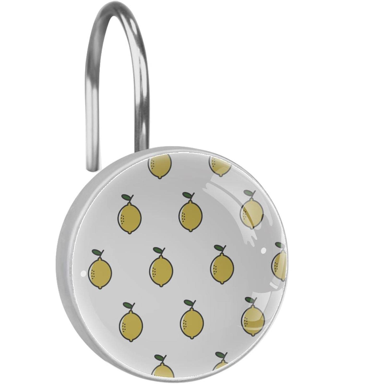 Bright Yellow Lemon Print Shower Curtain Hooks - Rustproof Bathroom Accessories Set of 12 for Bath, Shower, and Tub Decor - Adds Tropical Summer Vibe to Your Bathroom