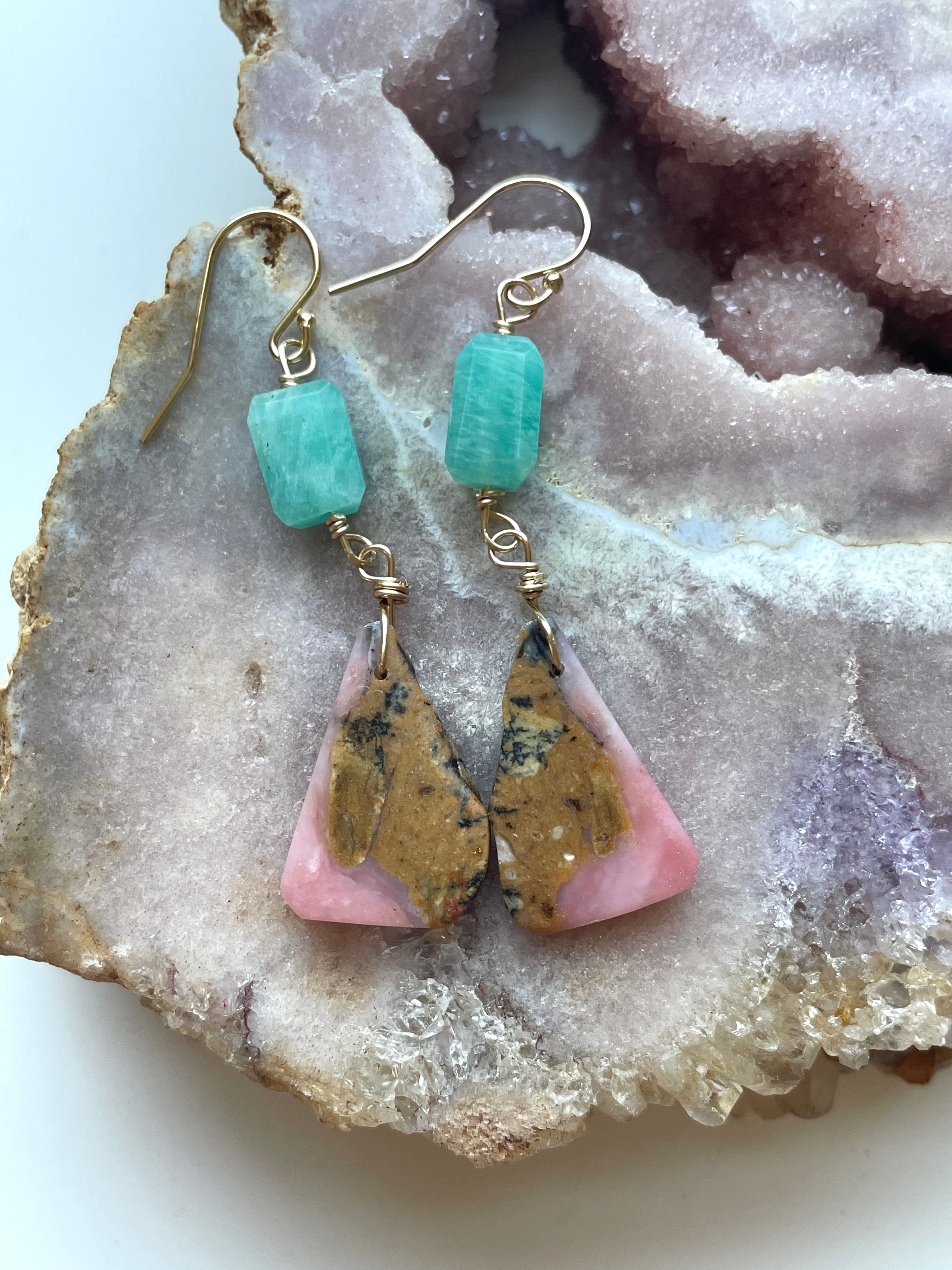 Unique Amazonite & Pink Opal Dangle Earrings in Gold Fill - Handmade Crystal Jewelry for Women - Perfect for Weddings, Parties & Special Occasions