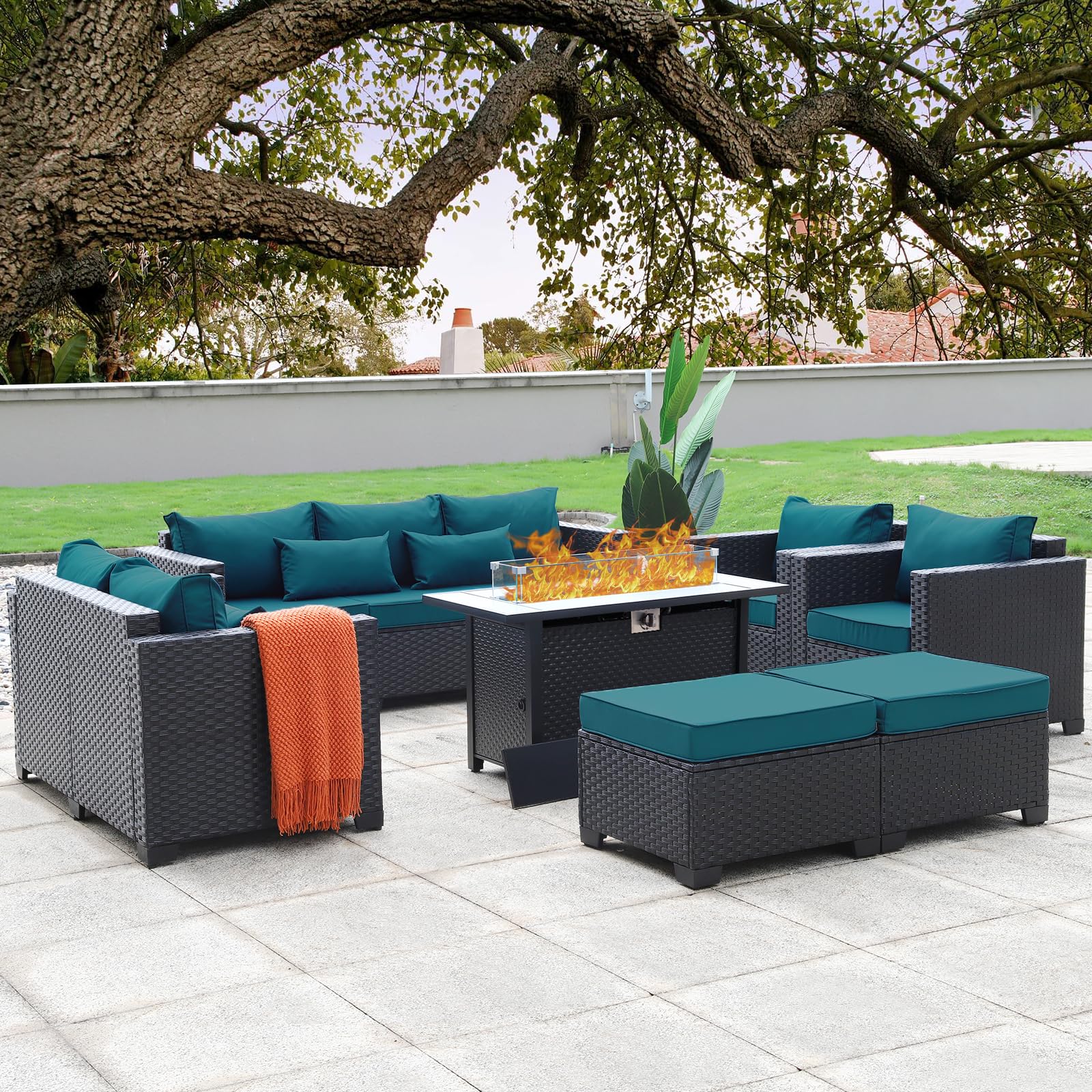 **45-Inch Outdoor Fire Pit Table with 7-Piece Patio Furniture Set - 60,000 BTU Propane Fire Pit, Peacock Blue - Includes No-Slip Cushions & Waterproof Covers - Perfect for Backyard, Garden, and Poolside Gatherings**