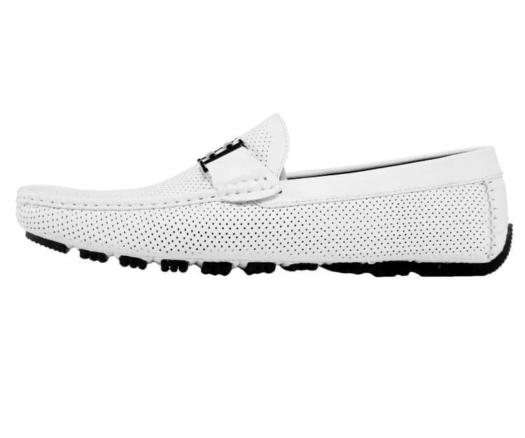 Men's White Perforated Smooth Driving Moccasin Loafers - Comfortable Casual Slip-On Shoes for Work, Travel & Everyday Wear