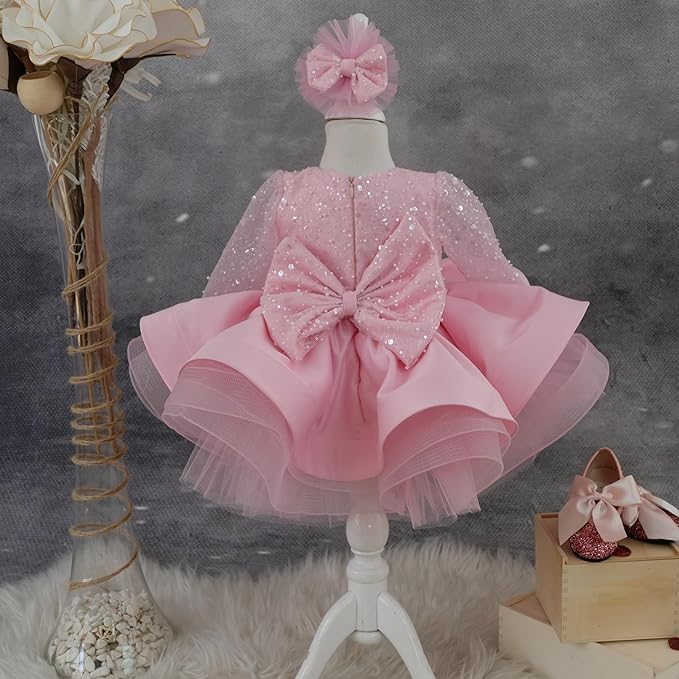 Baby Girl Long Sleeve Tutu Dress with Bowknot - Lace & Feather Flower Girl Party Outfit for Infants & Toddlers (Pink Sequin, Age 1 Year) - Perfect for Christmas, Birthday, Wedding & Special Occasions - Cute Photo Shoot & Holiday Celebration Outfit