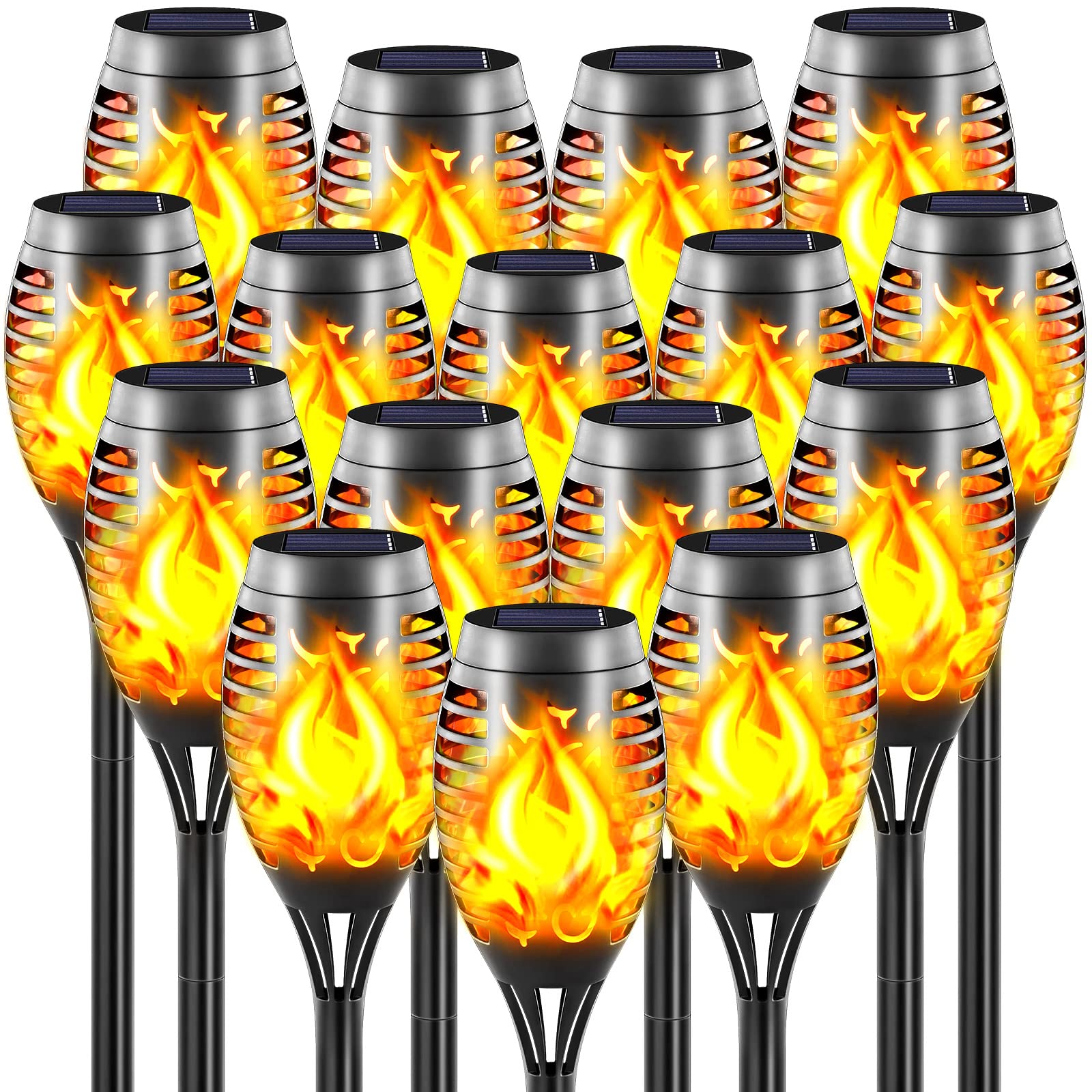16-Pack Solar Torch Lights with Flickering Flame Effect, 12 LED Waterproof Outdoor Landscape Lighting - Auto On/Off Dusk to Dawn Tiki Torches for Garden, Pathway, Yard Decor & Festival Ambience | Perfect for Patio, Backyard, Poolside & Outdoor Parties