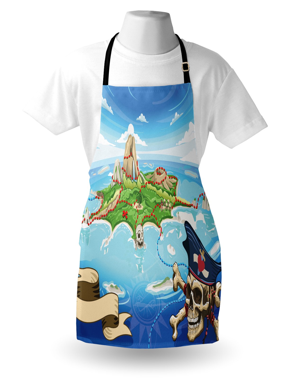 Ambesonne Fantasy Pirate Cove Island Map Apron - Unisex Kitchen Bib with Adjustable Neck for Cooking, Baking & Gardening - Aerial View Skull & Crossbones Design - Perfect for Home Chefs, BBQ Parties & Themed Events