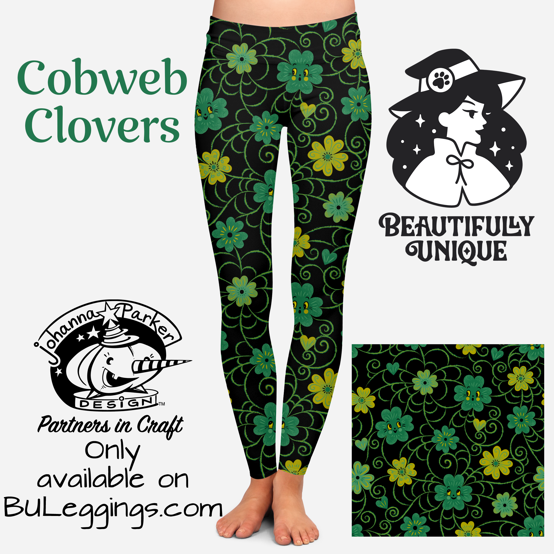 Johanna Parker Exclusive Handcrafted Cobweb Clovers Vibrant Leggings | High Quality Halloween & Cosplay Costume Accessories | Perfect for Spooky Parties, Themed Events & Gothic Fashion