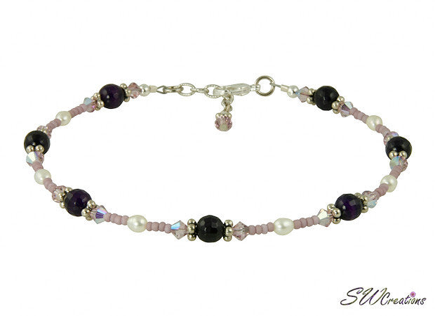 Purple Pearl Agate Gemstone Beaded Anklet Bracelet for Women - Elegant Ankle Jewelry for Summer, Beach, Boho Fashion & Special Occasions