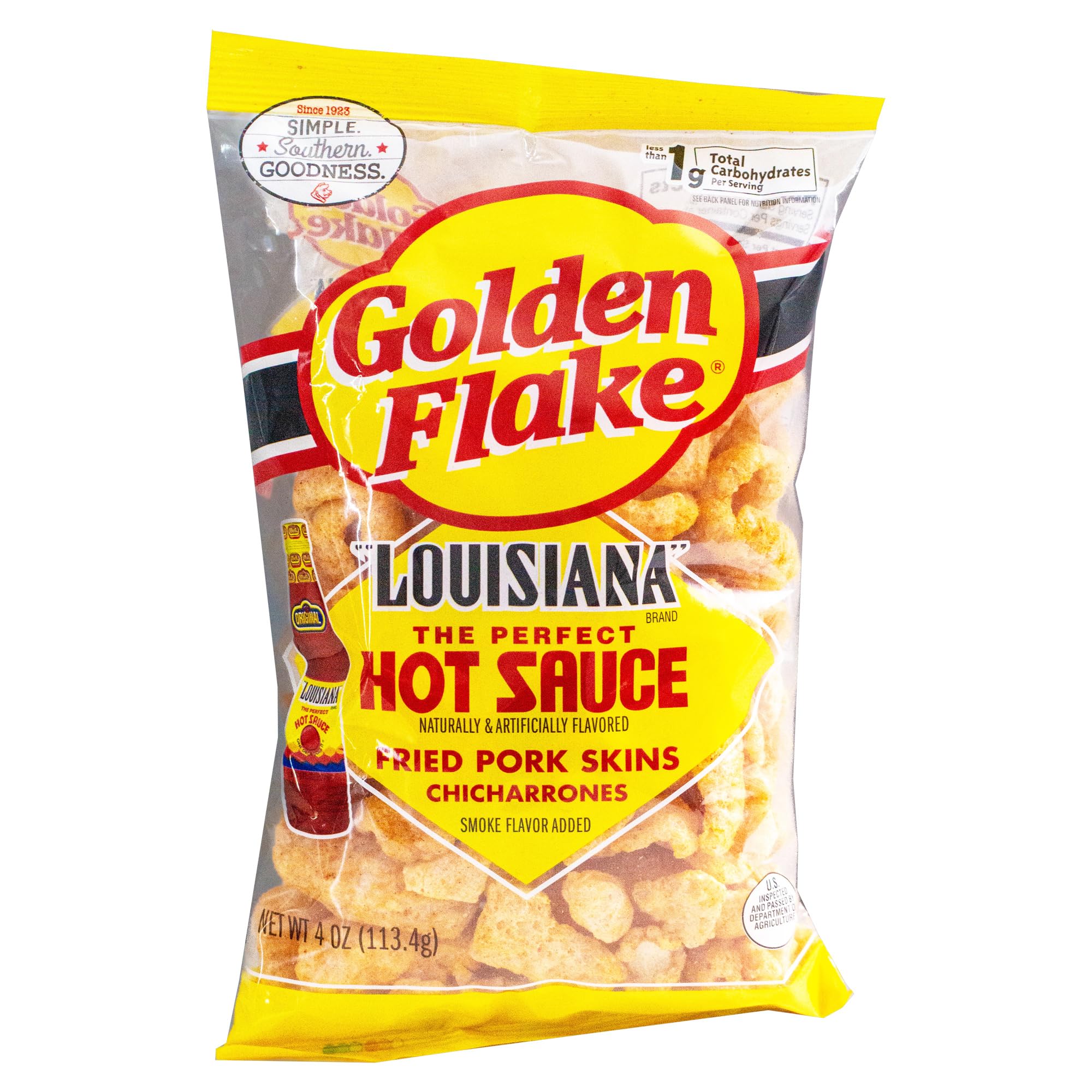 Utz Golden Flake Louisiana Hot Sauce Chicharrones - Crispy Hot Fried Pork Skins (4 Pack, 4oz Bags) - Spicy Snack for Parties, Game Day & Keto Diet