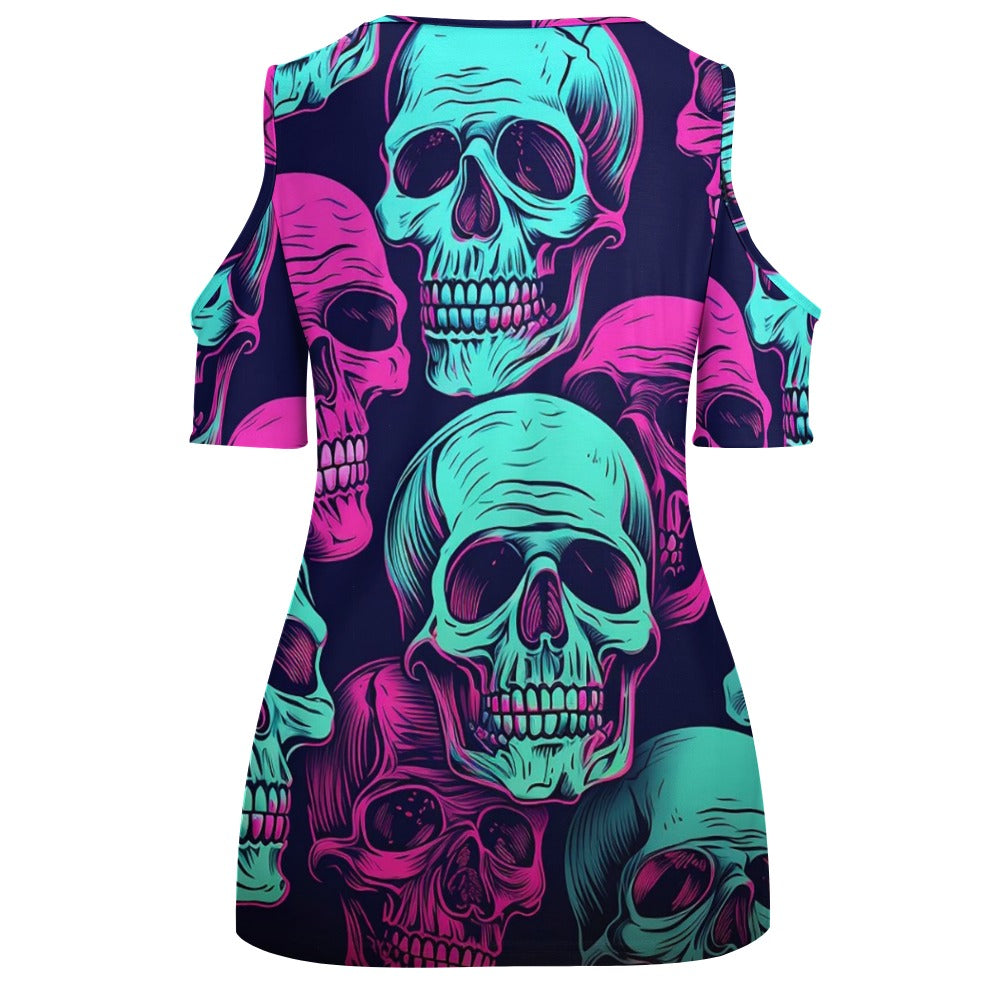 Trendy Neon Skulls Off The Shoulder U-Neck Short Sleeve T-Shirt for Women | Gothic Fashion, Summer Party, Festival Outfit