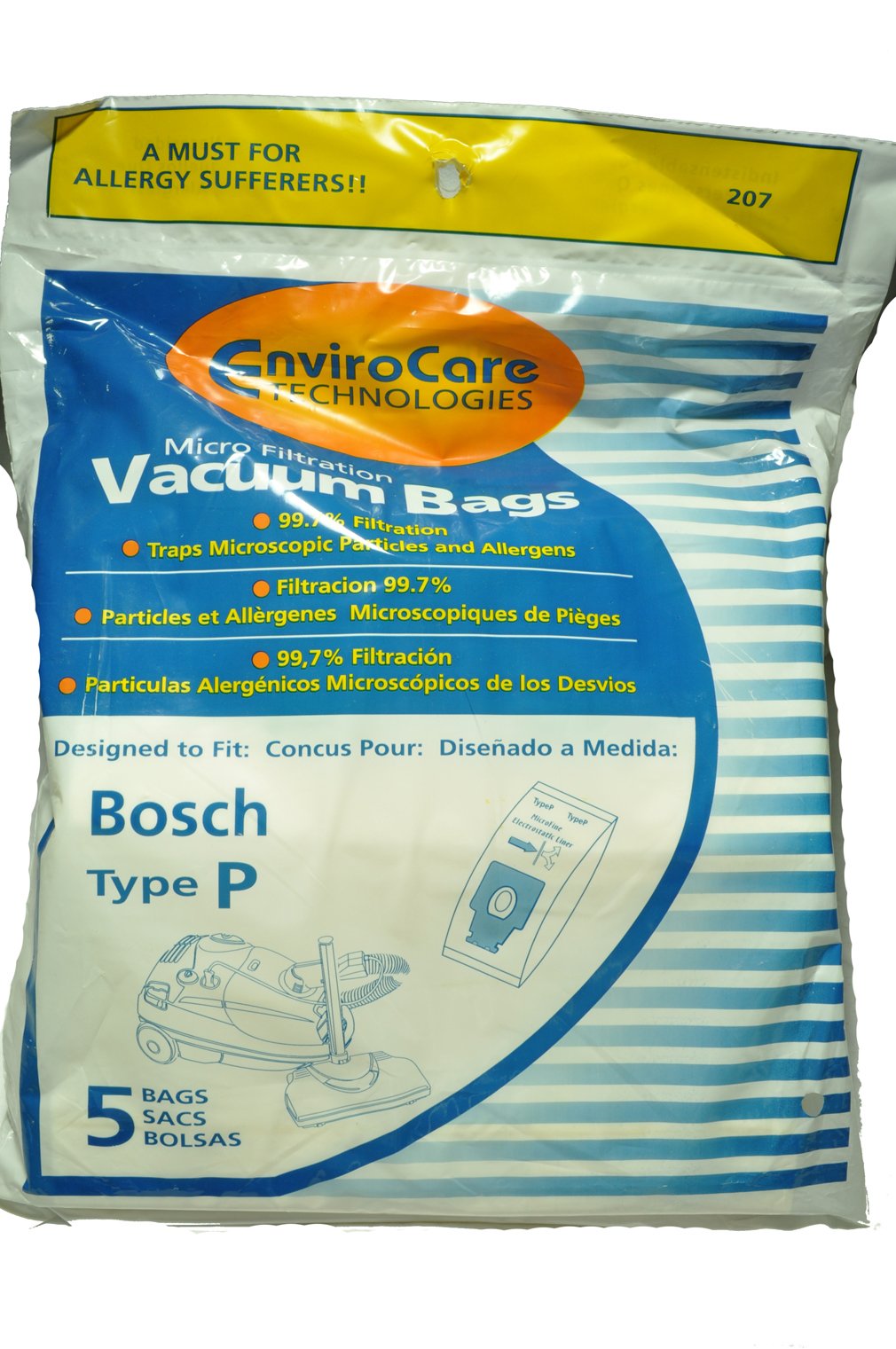 BOSCH Canister Vacuum Cleaner Bags - EnviroCare Replacement Filters for Type P Models | 99.7% Microfiltration Efficiency | 5-Pack | Ideal for Home Cleaning, Pet Hair Removal & Allergy Relief