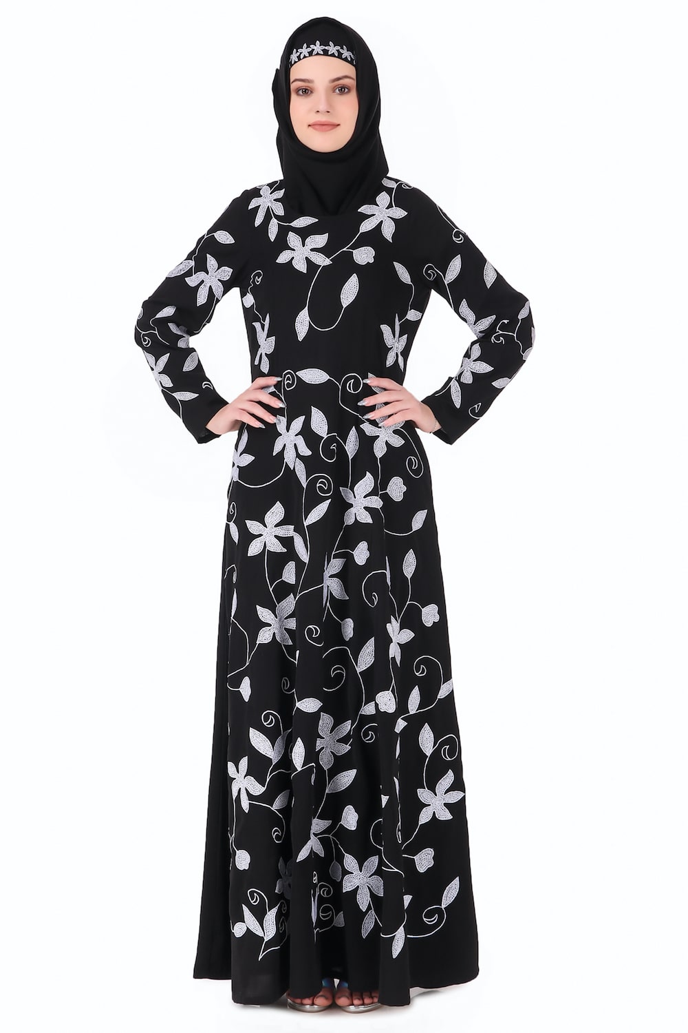 Embroidered Floral Vines Flared Abaya Dress - Elegant Muslim Women's Maxi Dress for Prayer, Wedding & Special Occasions