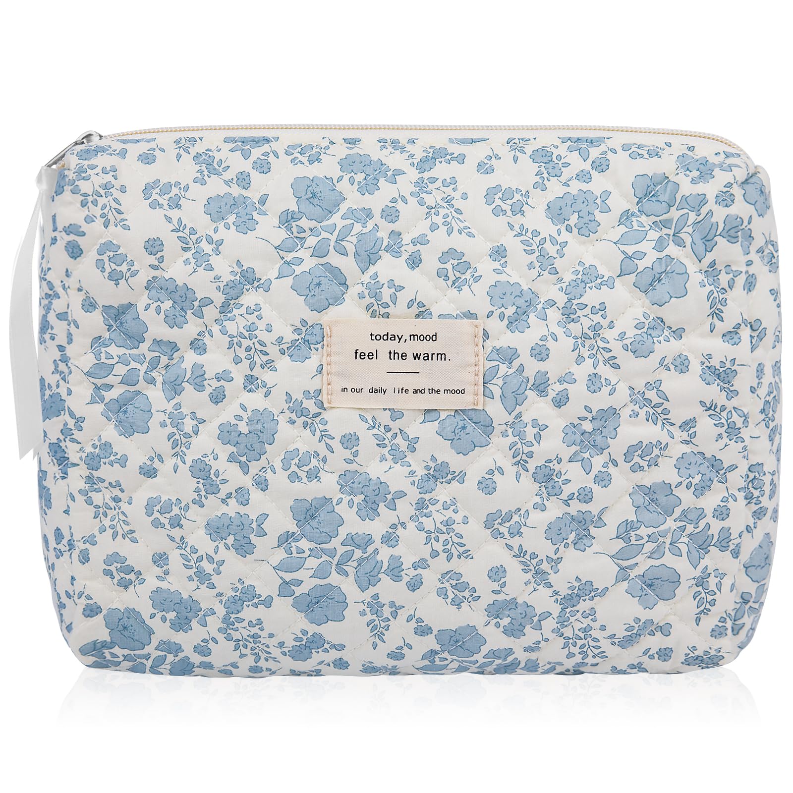 Floral Makeup Bag for Women - Large Quilted Cosmetic Pouch, Blue Flower Travel Organizer for Toiletries & Beauty Essentials