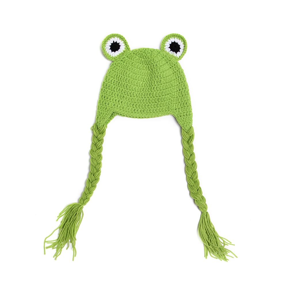 BIBITIME Newborn Baby Frog Knit Hat with Braid Earflaps - Soft Winter Beanie for Photography Props & Newborn Photo Shoots - Perfect for Baby Showers, Winter Outfits and Holiday Pictures