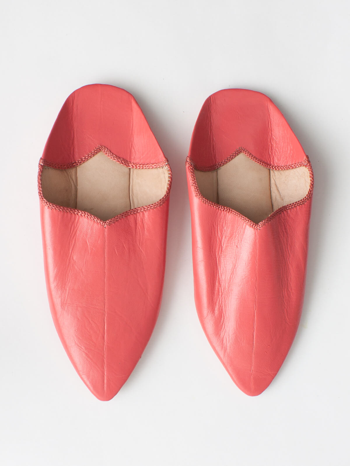 Authentic Moroccan Plain Pointed Babouche Slippers - Coral | Comfortable Leather House Shoes for Women & Men | Perfect for Home, Lounge & Cultural Outfits