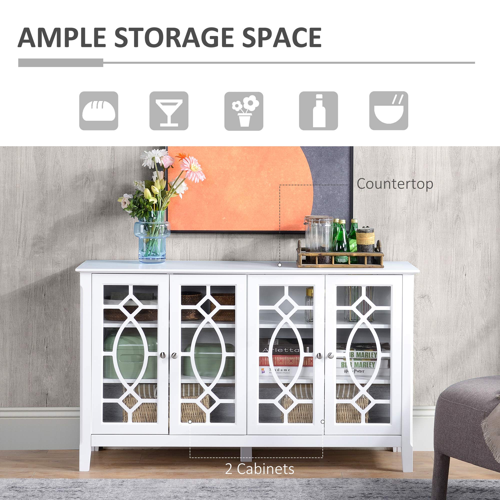 HOMCOM White Sideboard Buffet Cabinet with Glass Doors & Adjustable Shelves - Kitchen Storage Cabinet for Dining Room, Living Room & Home Decor | Perfect for Displaying China, Glassware & Home Essentials