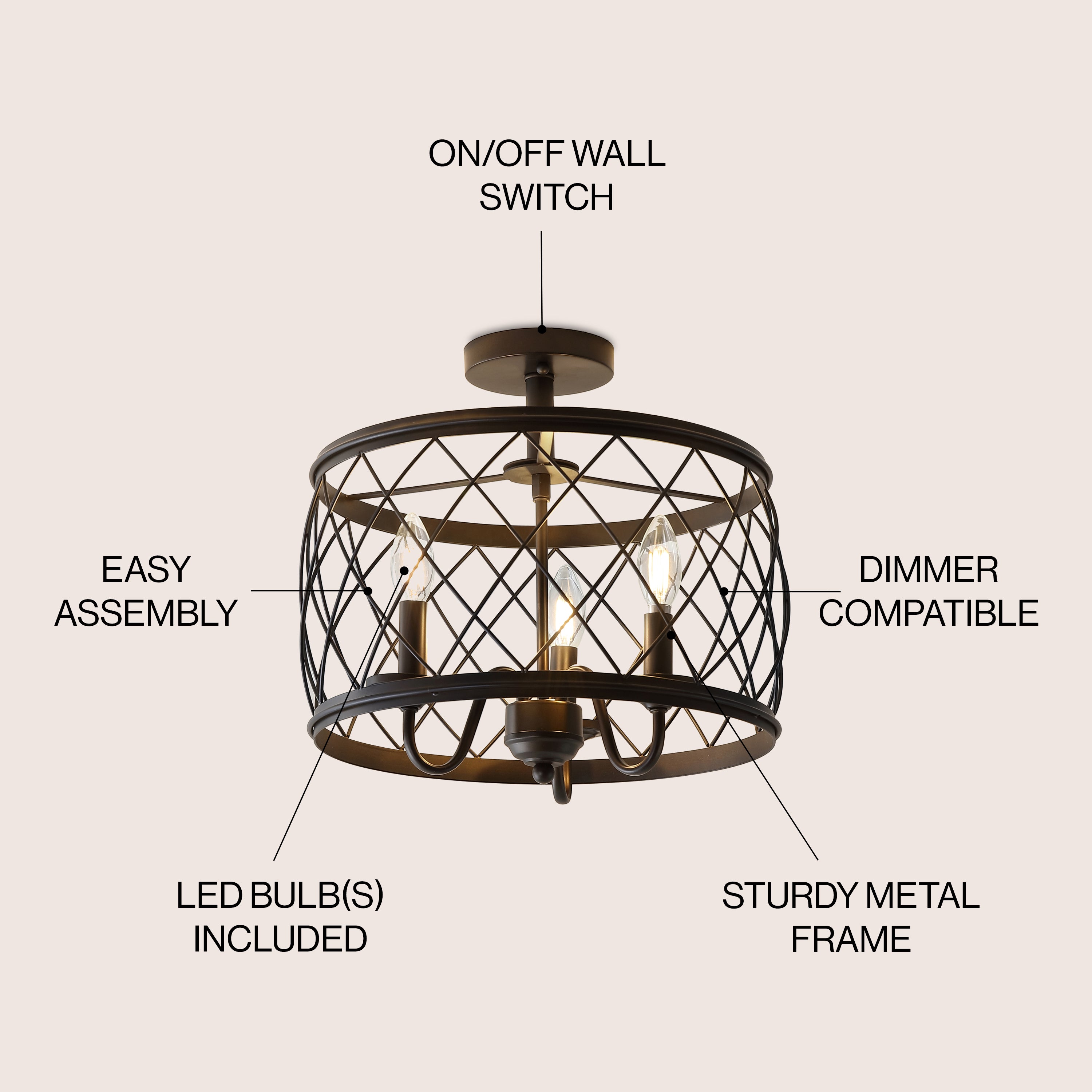 Eleanor 15 Inch Modern Metal LED Semi Flush Mount Ceiling Light Fixture - Perfect for Bedroom, Living Room, Kitchen & Hallway Lighting