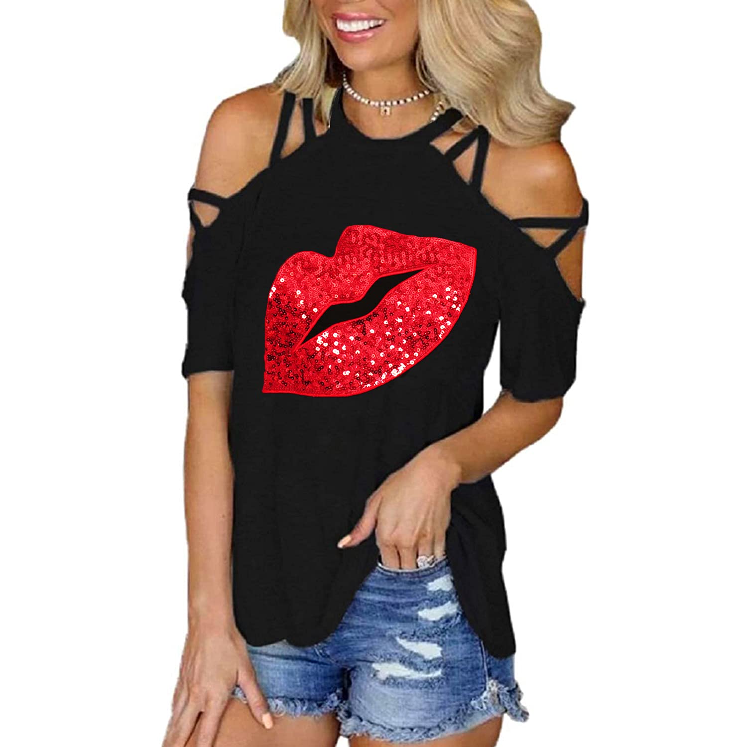 PESION Women's Off The Shoulder Tops - Sexy Shiny Blouses with Long & Short Sleeves - Fashion Graphic T-Shirts for Casual Wear, Night Out & Party Outfits
