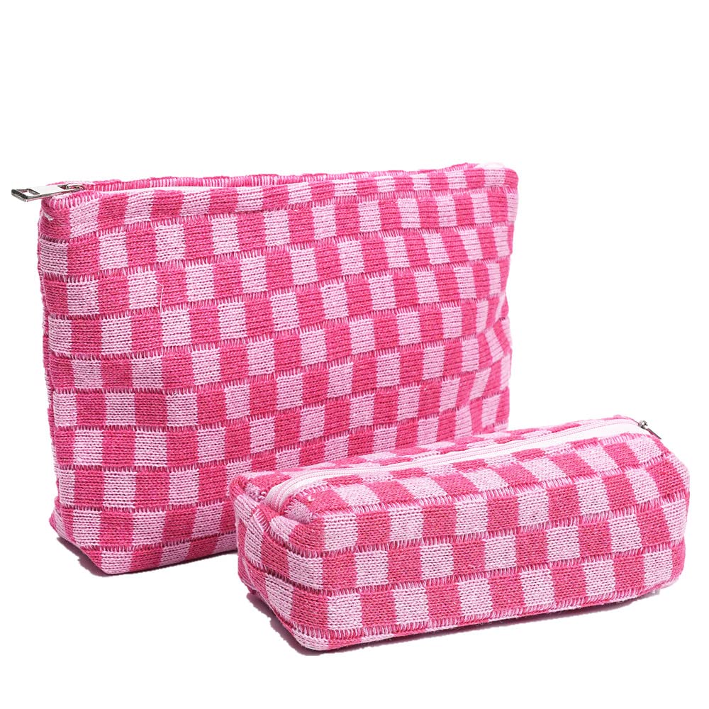 FASHLANLIKA Large Checkered Makeup Bag Set with Brush Pouch - Pink Cosmetic Organizer for Women | Travel, Gym, and Everyday Essentials Storage