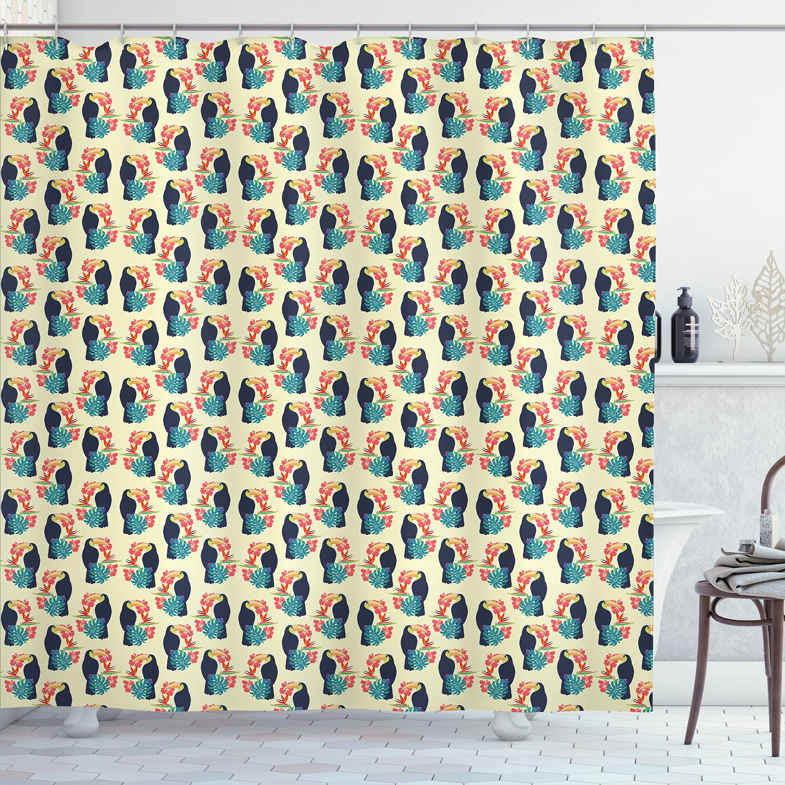 Ambesonne Tropical Shower Curtain - Exotic Toucan, Hibiscus & Monstera Leaf Print Fabric Bathroom Decor Set with Hooks, 69x70 Inches, Cream Multicolor - Perfect for Beach House, Jungle Theme or Boho Style Bathrooms