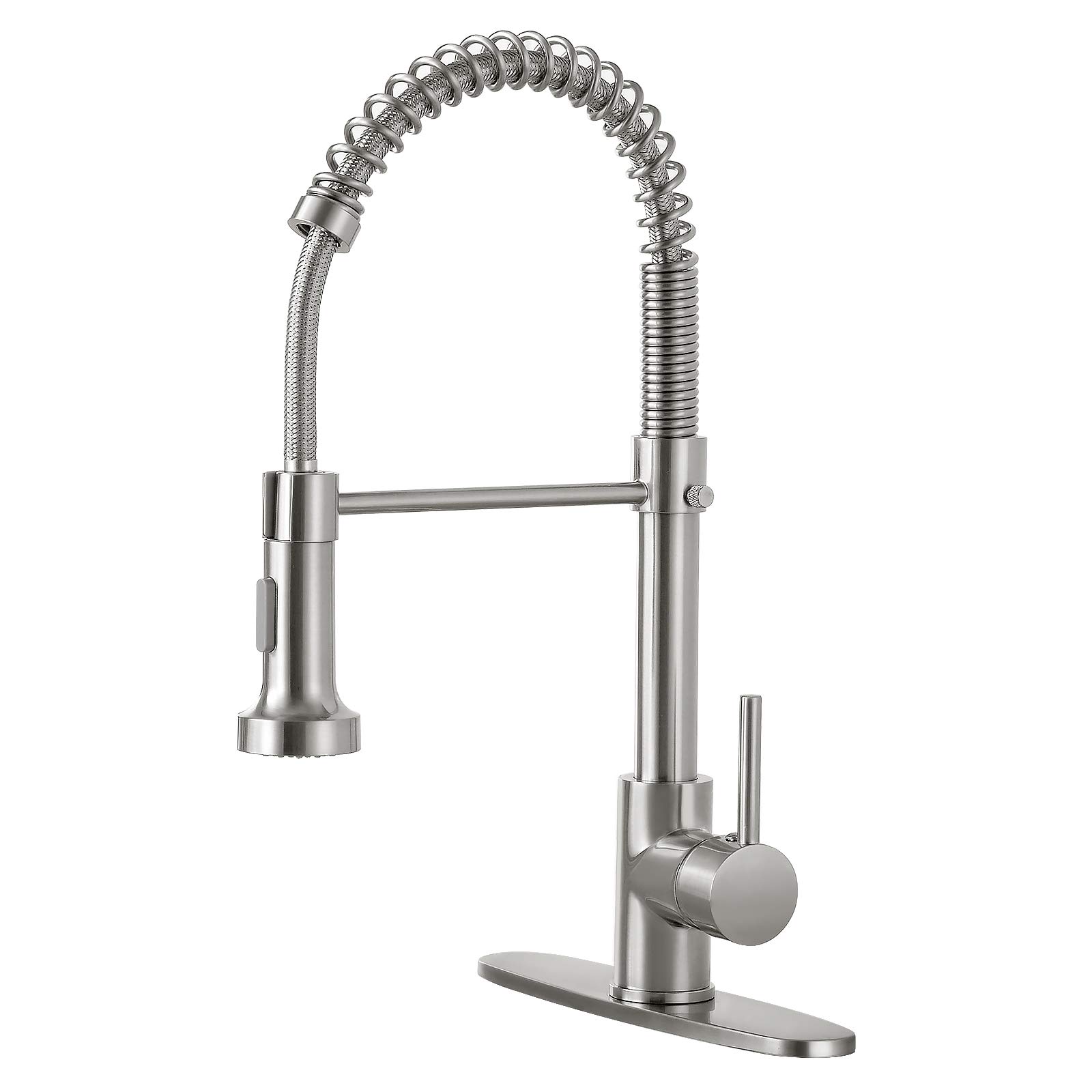 DJS Brushed Nickel Pull Down Kitchen Faucet - Single Handle High Arc Spring Sprayer with Deck Plate for 1 or 3 Hole Sinks | Modern Faucet for Cooking, Washing Dishes & Food Prep