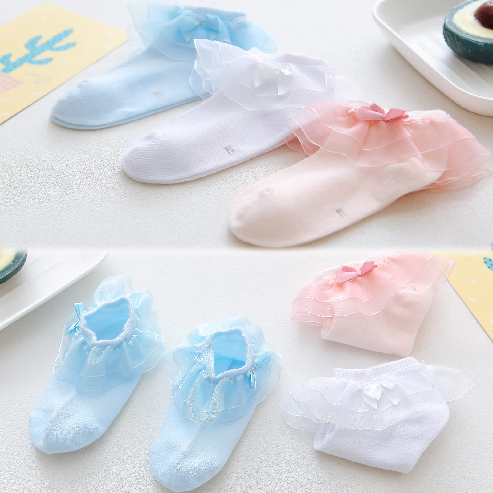 Girls Ruffle Socks - Frilly Lace Ankle Socks for Toddlers & Kids (3/6 Pairs) - Princess Dress Socks for School, Parties & Special Occasions