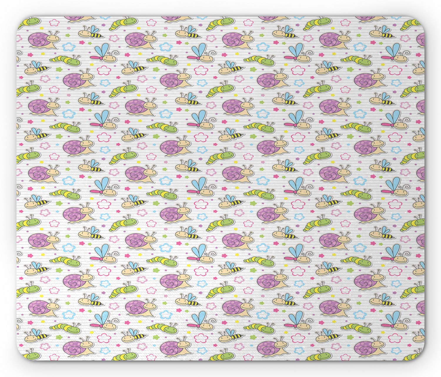 Ambesonne Cartoon Mouse Pad - Colorful Summer Themed Design with Caterpillar, Dragonfly, Bees & Flowers | Non-Slip Rubber Base | Standard Size Rectangle Mousepad for Office, Gaming & Home Computer Use