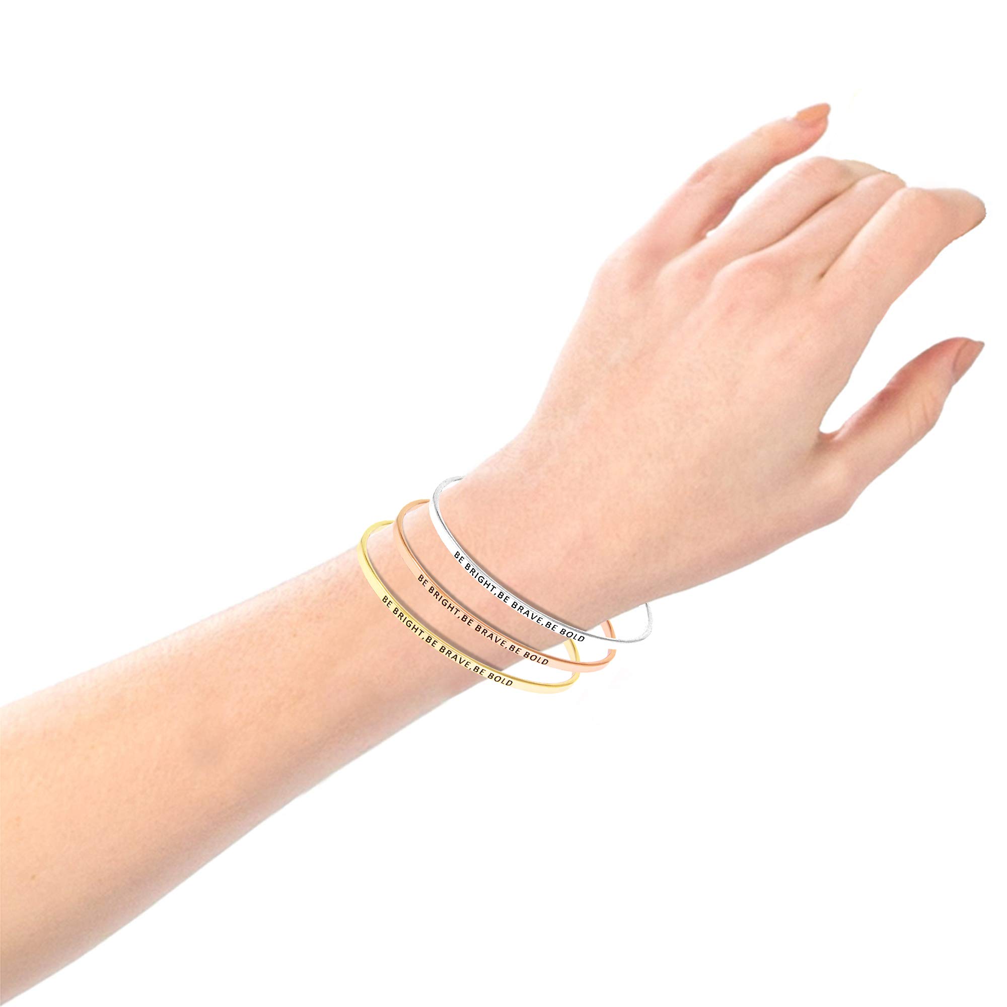 Inspirational Positive Message Engraved Thin Cuff Bangle Bracelet for Women - 'Be Bright, Be Brave, Be Bold' in Gold | Motivational Jewelry Gift for Graduation, Birthday & Everyday Encouragement