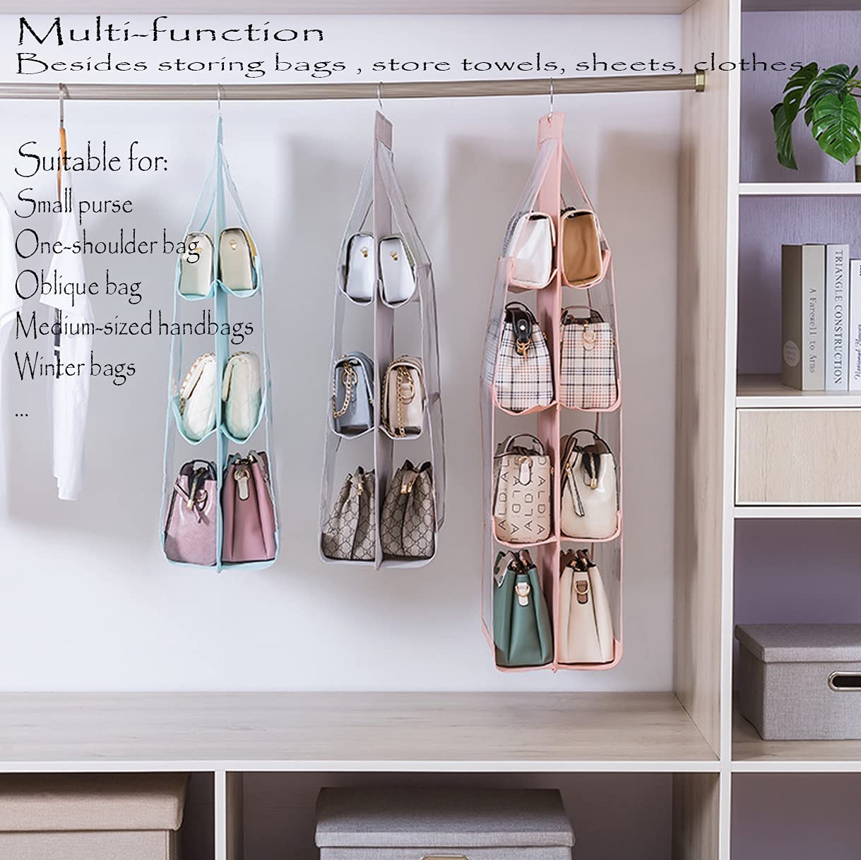MURRI&MURRDI 2-Pack Hanging Handbag Organizer for Closet - 8 Clear PVC Pockets Purse Storage Holder - Space Saving Wardrobe Organizer (Gray) - Perfect for Handbag, Wallet & Accessory Storage in Bedroom or Walk-in Closet