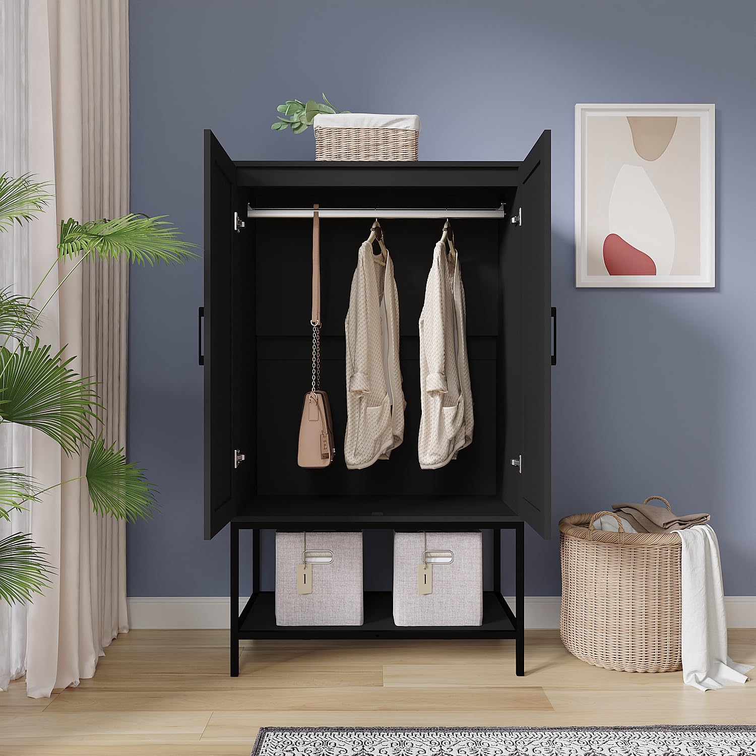 2-Door Rattan Wardrobe Closet with Hanging Rod & Shelves - Freestanding Wooden Armoire for Bedroom Storage & Organization | Perfect for Small Spaces, Apartments & Dorm Rooms (Black)
