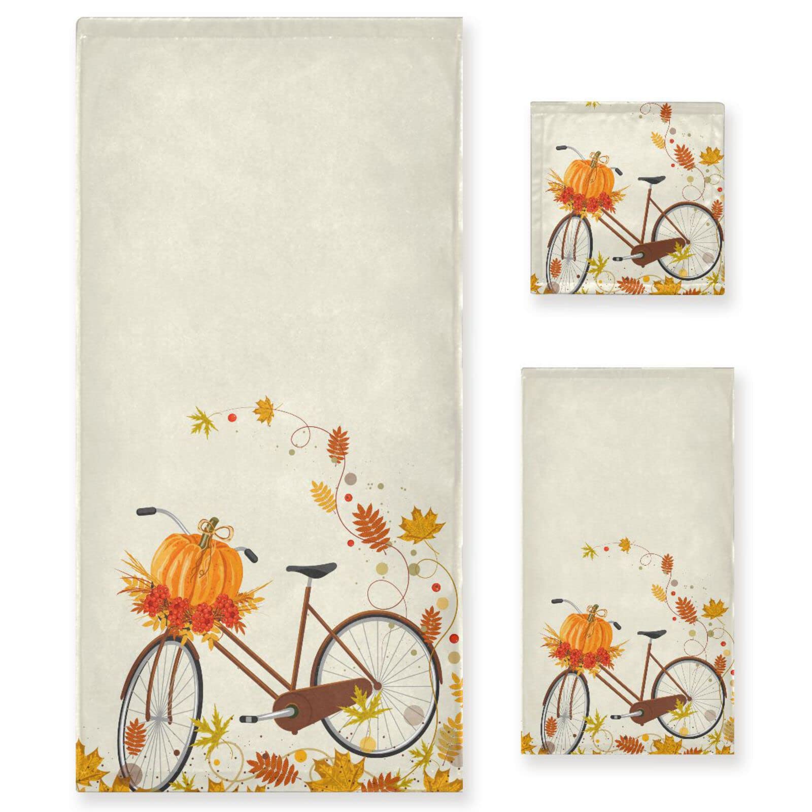 Senya Autumn Bicycle Pumpkin Colorful Leaves Bath Towel Set - 3 Piece Soft Decorative Towels (1 Bath, 1 Hand, 1 Washcloth) for Bathroom, Kitchen, Beach, Gym & Spa | Fall-Themed Cotton Towels for Home Decor & Seasonal Use