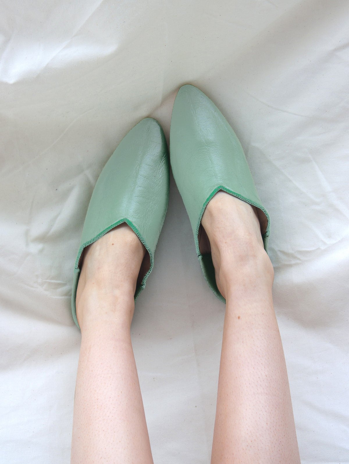 Authentic Moroccan Plain Pointed Babouche Slippers - Sage Green | Comfortable Leather House Shoes for Men & Women | Perfect for Home, Lounge & Cultural Fashion
