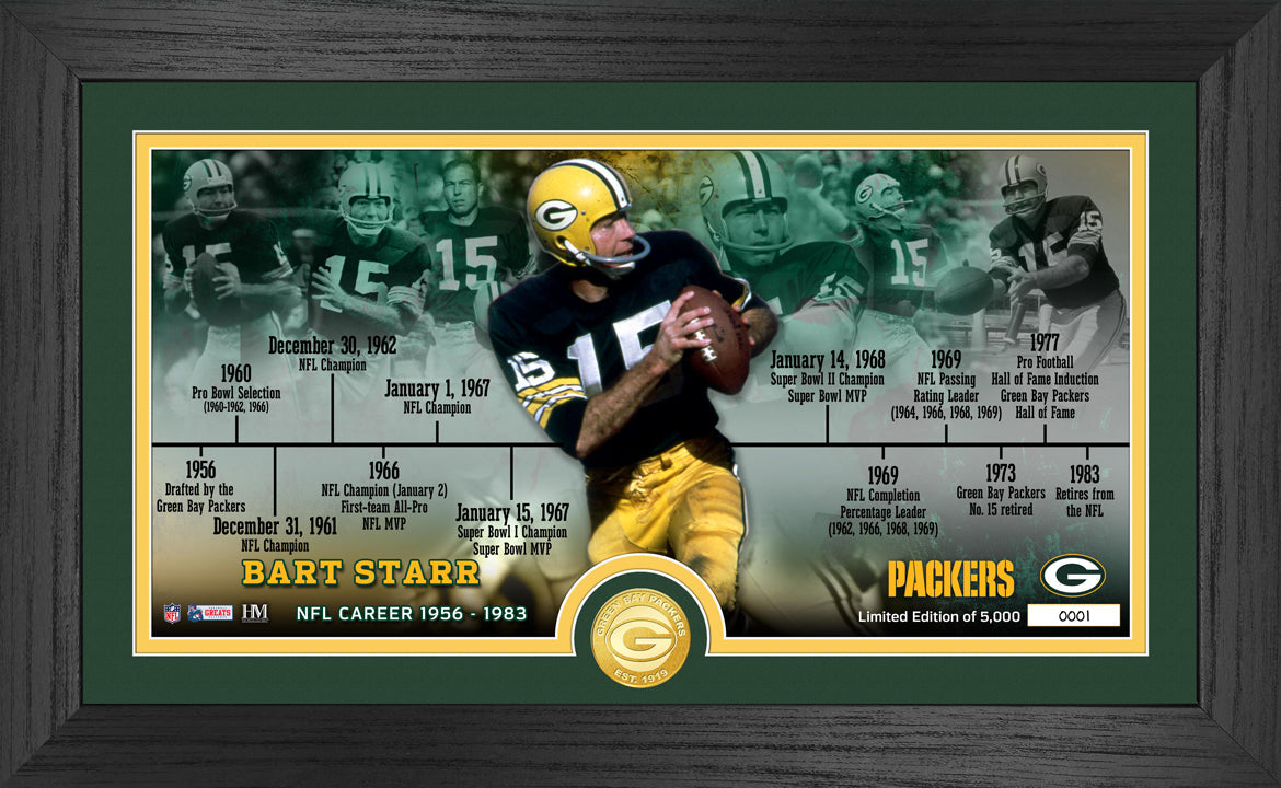 Bart Starr Green Bay Packers Career Timeline Bronze Coin & Panoramic Photo Set - Perfect for NFL Fans, Collectors, and Packers Memorabilia Enthusiasts - Great for Display, Gifts, and Sports Memorabilia Collections