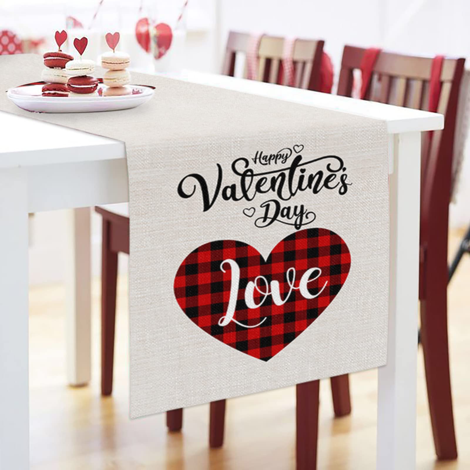 Valentine's Day Plaid Heart Table Runner - 36 Inch Long Red Farmhouse Decor for Kitchen, Dining, Coffee Table, Wedding & Banquet - Perfect for Romantic Dinners, Holiday Parties & Home Decor