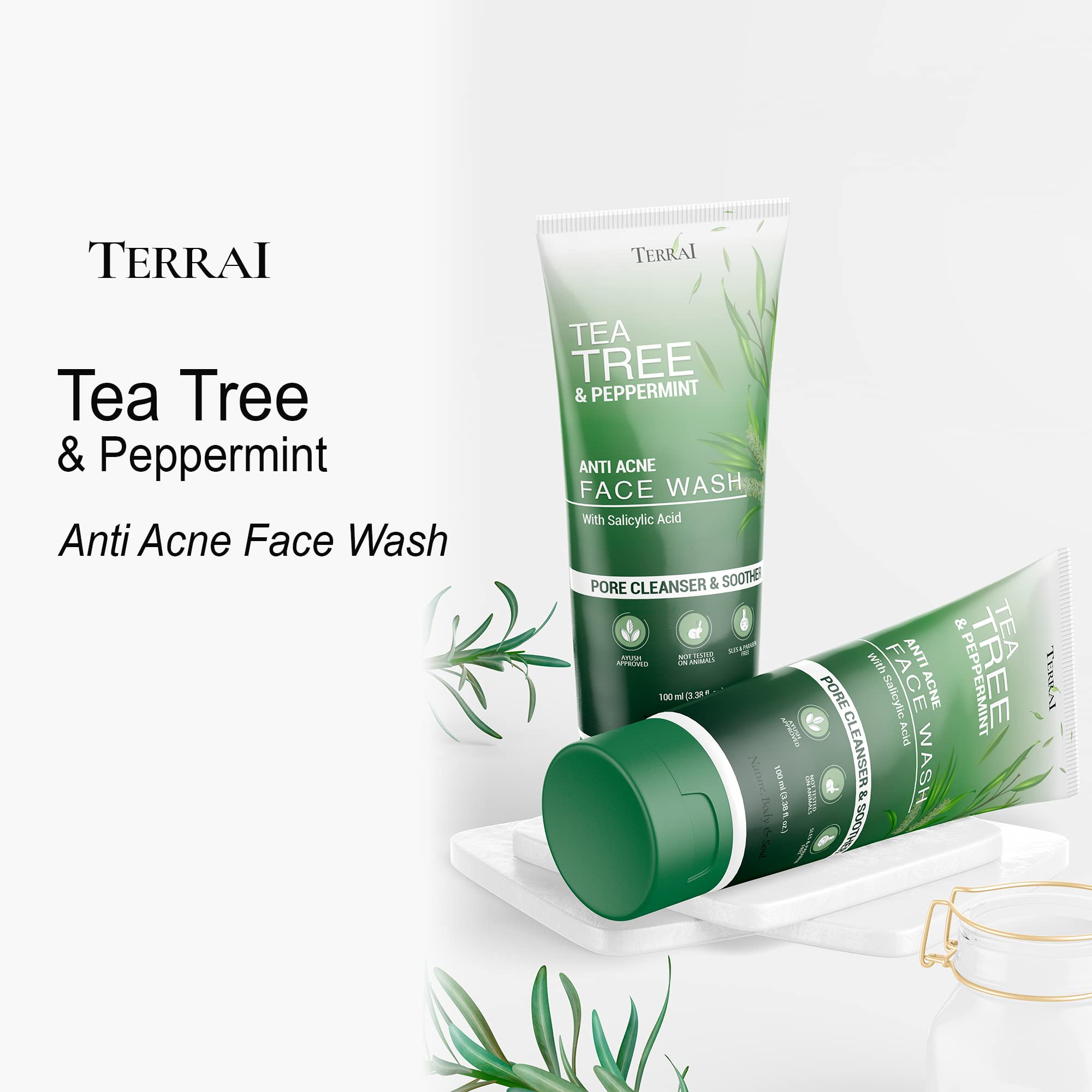 Terrai Tea Tree & Salicylic Acid Acne Face Wash - Oil Control, Blemish Treatment for Acne Prone Skin - Reduces Pimple Marks, Blackheads & Whiteheads - Gentle Cleanser for Men & Women (100ml) - Perfect for Daily Skincare Routine & Post-Workout Cleansing