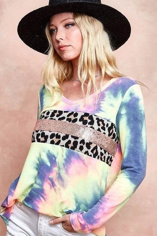 BiBi Tie Dye Deep U Neck Top with Leopard Print & Sequins - Trendy Women's Fashion Top for Parties, Night Out & Festival Wear