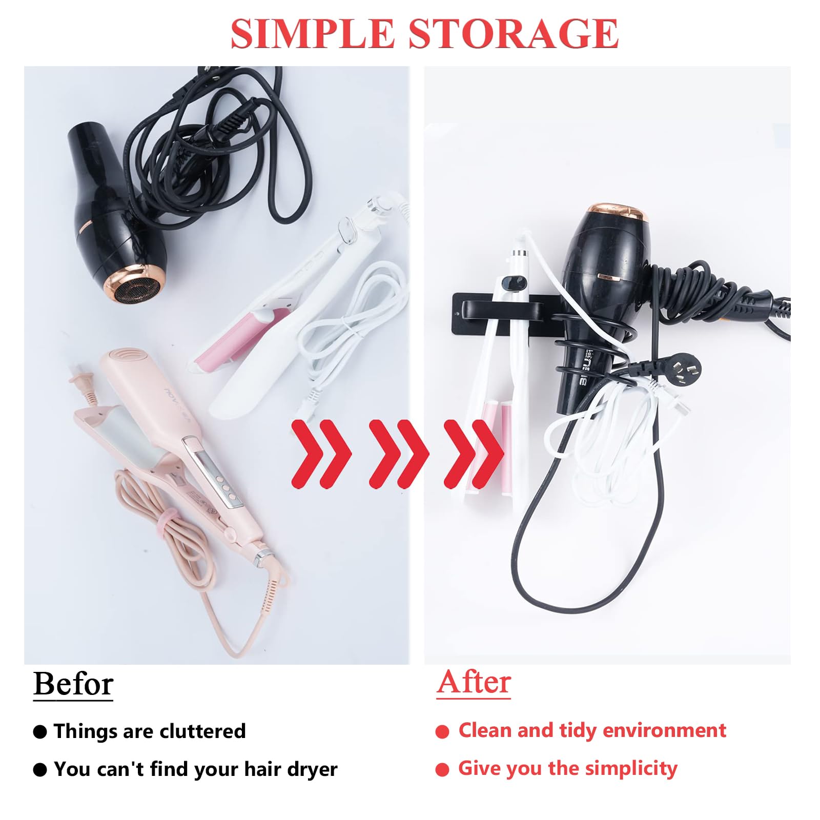Wall Mount Hair Dryer Holder - Aluminum Hair Tool Organizer with Self-Adhesive & Drill Options | Flat Iron, Curling Iron & Straightener Storage for Bathroom & Salon Organization | Perfect for Small Spaces & Clutter-Free Vanity