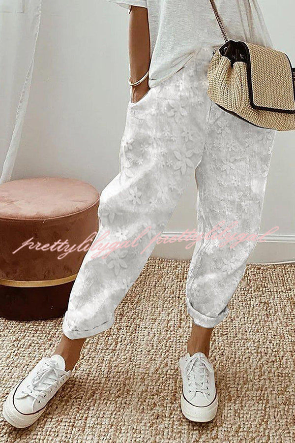 Stylish Cotton Linen Patchwork Floral Elastic Waist Pants with Pockets - Comfortable Casual Wear for Women, Perfect for Summer Outings & Beach Vacations