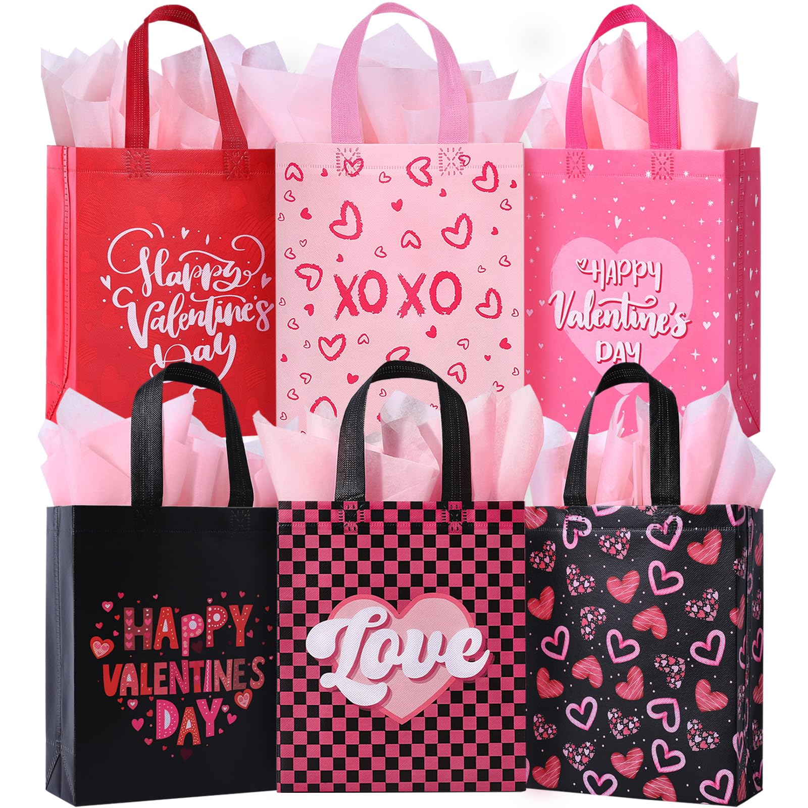 12 Pack Valentine's Day Gift Bags with Tissue Paper - Reusable Heart Print Party Favor Bags with Handles for Classroom Exchange, Kids Party Favors & Gift Wrapping - Perfect for Valentine's Parties, School Events & Romantic Gift Giving