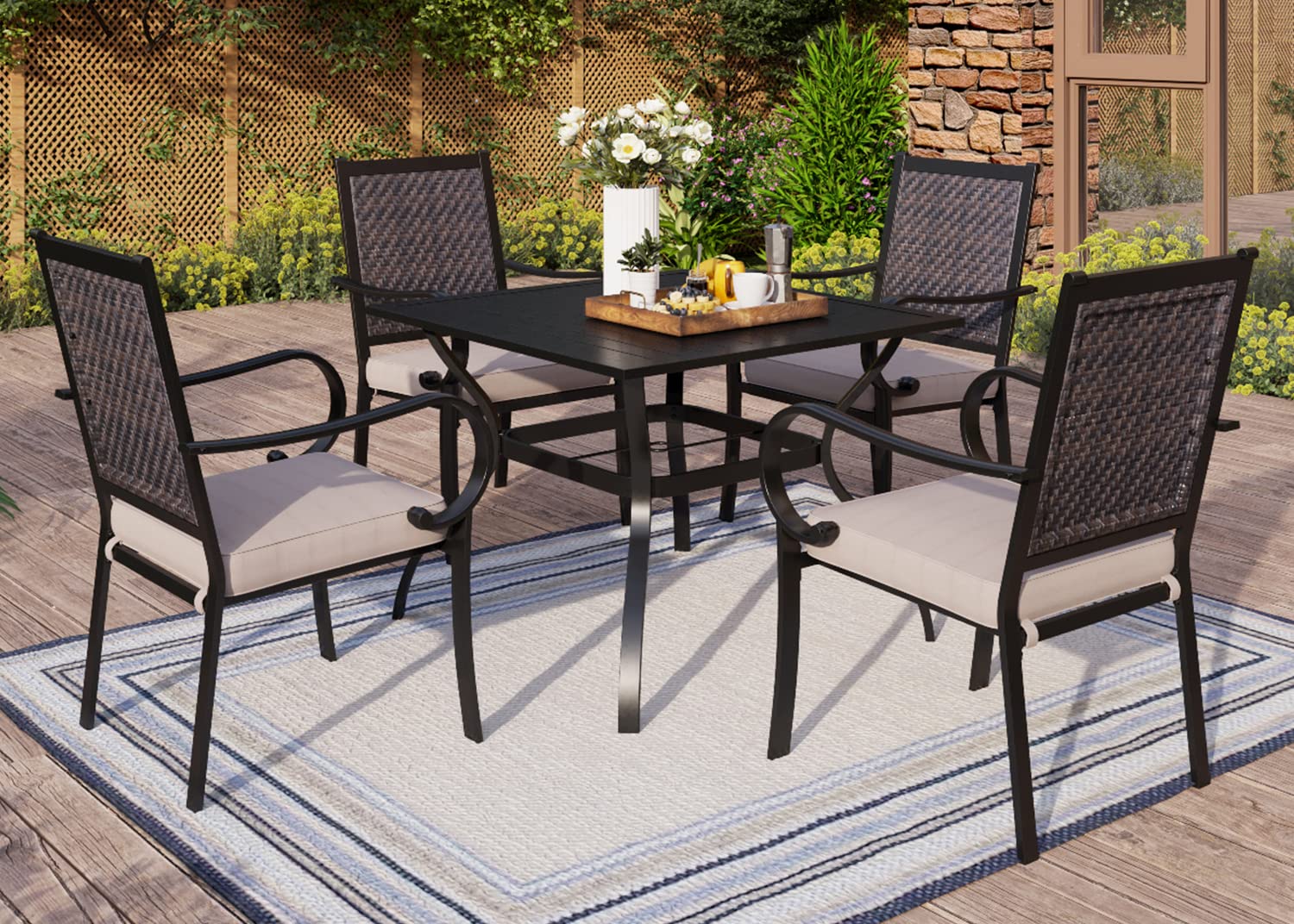MFSTUDIO 5-Piece Outdoor Patio Dining Set - Black Metal Square Table with 4 Rattan Chairs & 1.57