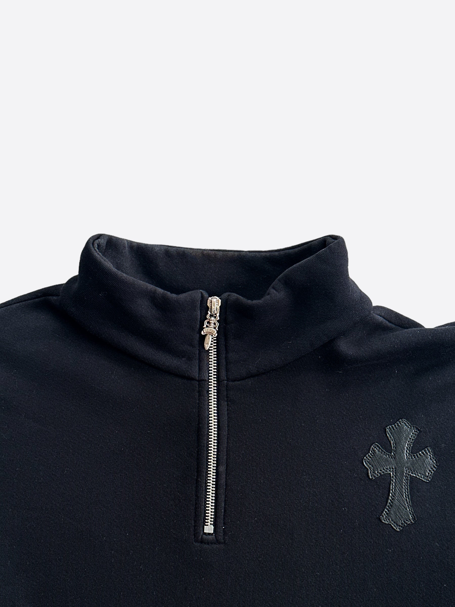 Chrome Hearts Black Cross Embroidered Patch Cropped Quarter Zip Sweater for Women | Gothic Streetwear Fashion | Perfect for Concerts, Parties & Casual Outfits