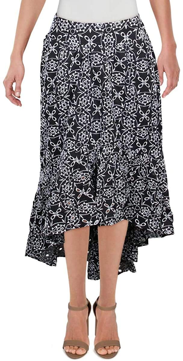 INC Women's Cotton Eyelet Midi Skirt - Black, Size XL | Floral Lace Trim Summer Skirt for Casual Outings, Beach Vacations & Boho Style
