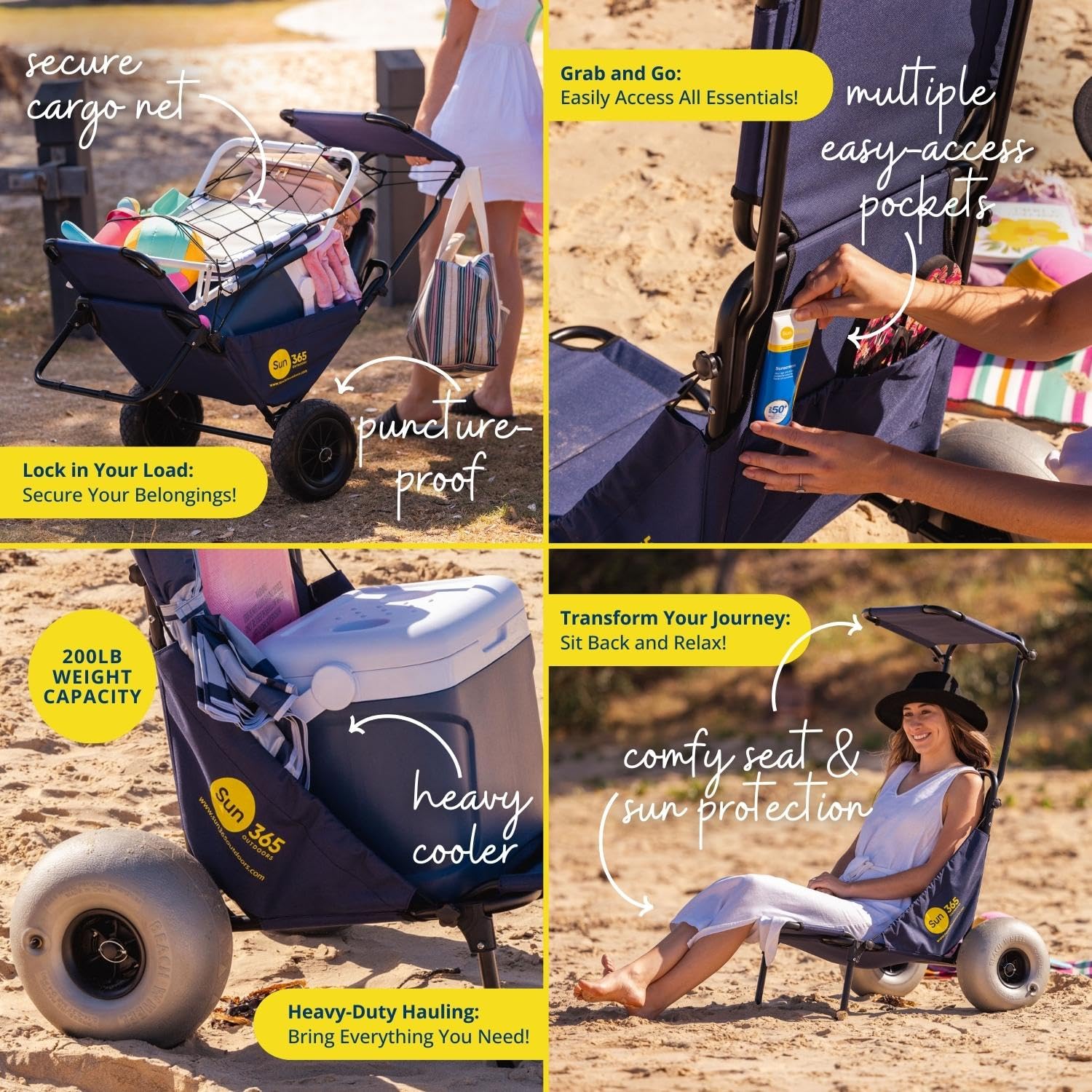 Foldable Beach Fishing Trolley Cart with Chair - All Terrain Balloon Wheels, Sun Canopy & Cargo Net - 200 lbs Capacity for Picnics, Camping, Fishing & Outdoor Adventures