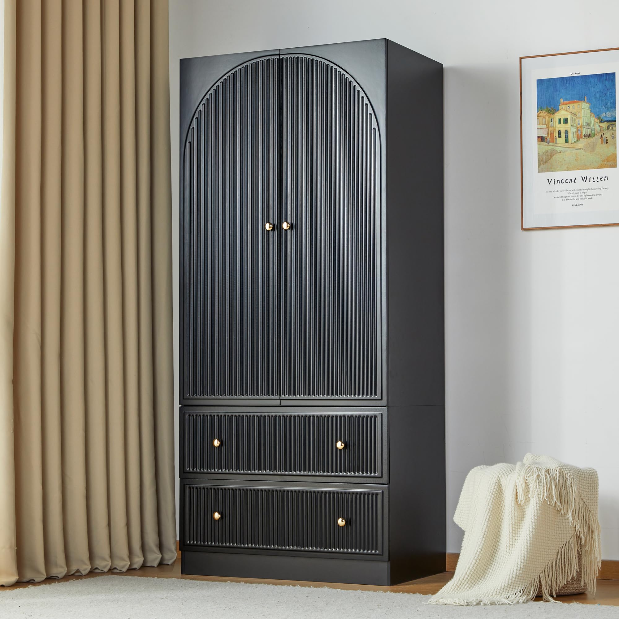 ORRD 2-Door Freestanding Armoire Wardrobe Closet - Large Capacity Wooden Storage Cabinet with 2 Drawers for Bedroom, Black | Perfect for Organizing Clothes, Blankets & Seasonal Items in Small Spaces